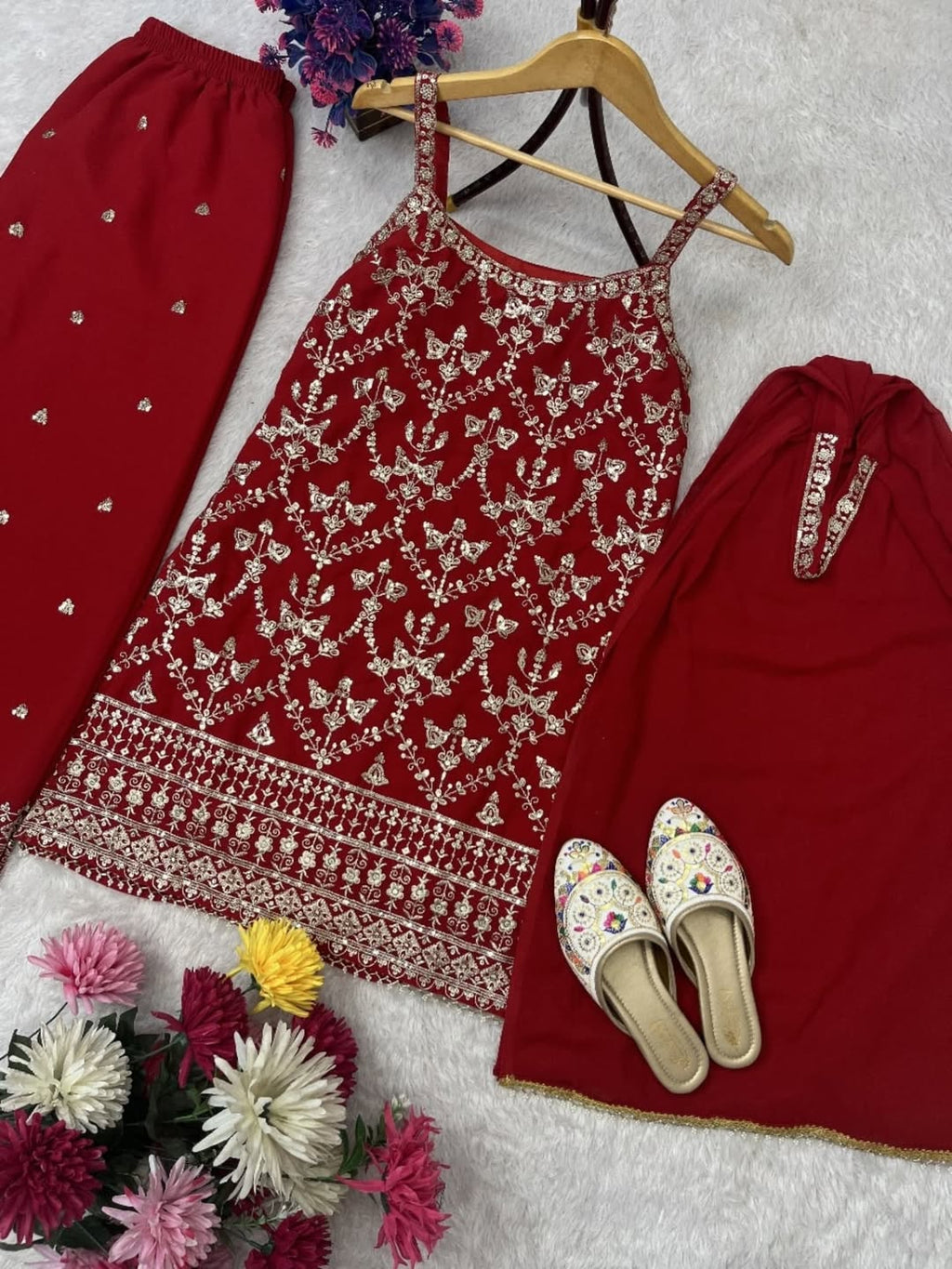 Red Georgette Anarkali Gown with Embroidered Bodice & Dupatta – Festive & Wedding Wear