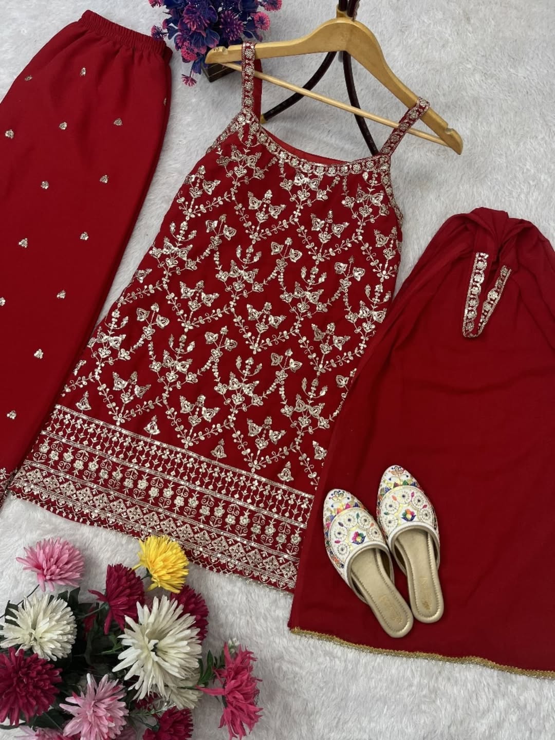 Red Georgette Anarkali Gown with Embroidered Bodice & Dupatta – Festive & Wedding Wear