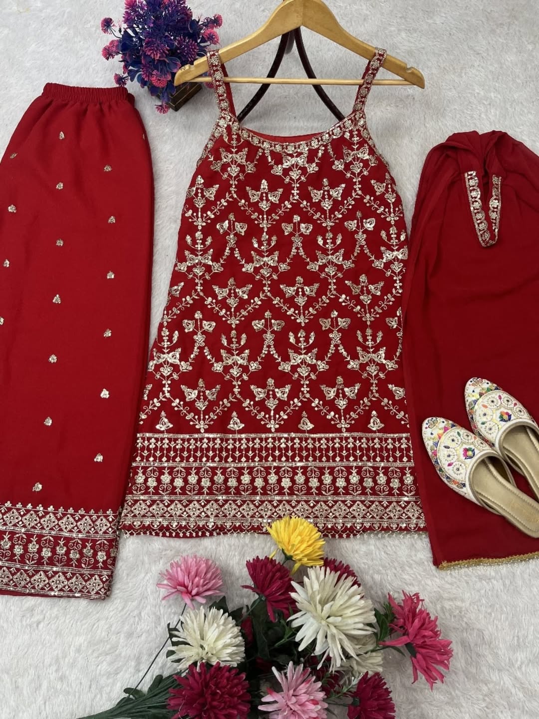 Red Georgette Anarkali Gown with Embroidered Bodice & Dupatta – Festive & Wedding Wear