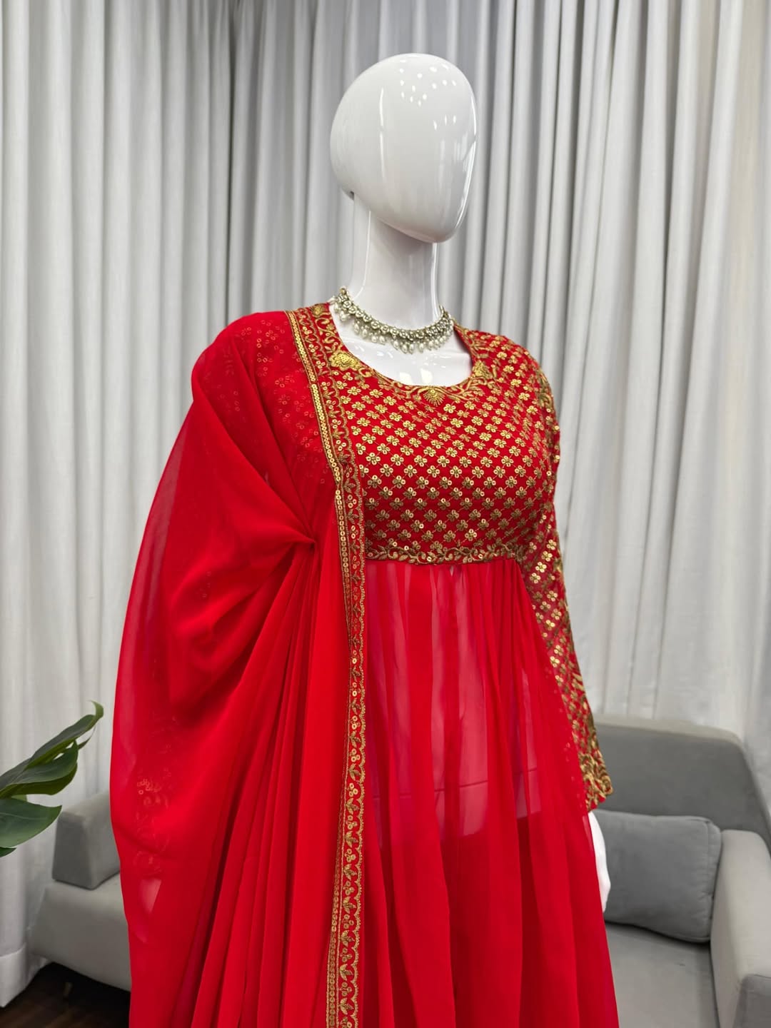 Red Georgette Anarkali Gown with Embroidered Bodice & Dupatta – Festive & Wedding Wear