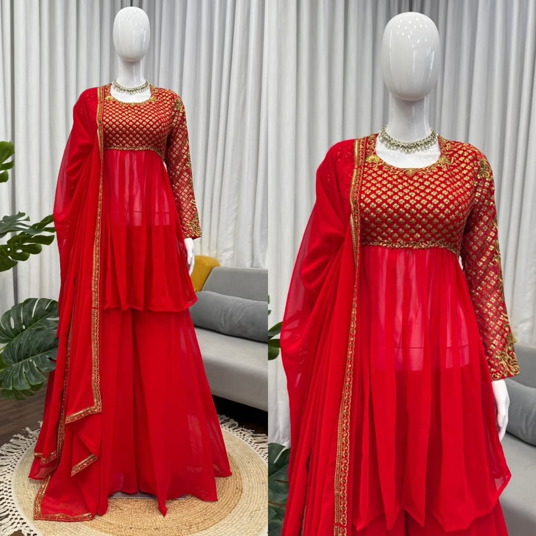 Red Georgette Anarkali Gown with Embroidered Bodice & Dupatta – Festive & Wedding Wear