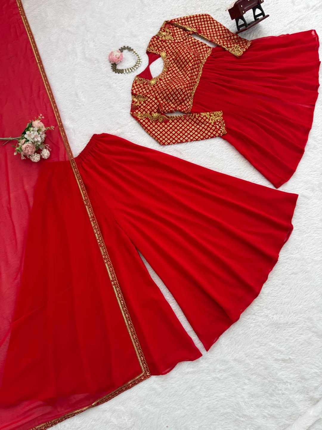 Red Georgette Anarkali Gown with Embroidered Bodice & Dupatta – Festive & Wedding Wear
