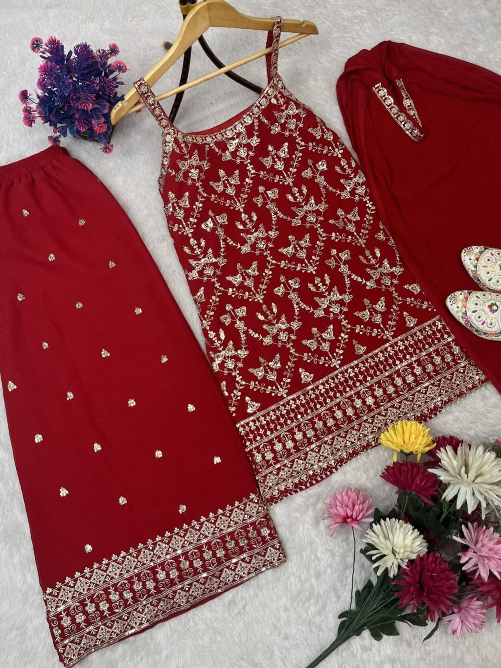 Red Georgette Anarkali Gown with Embroidered Bodice & Dupatta – Festive & Wedding Wear