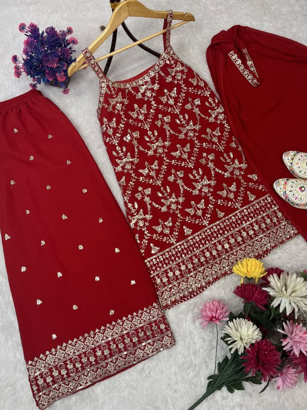 Red Georgette Anarkali Gown with Embroidered Bodice & Dupatta – Festive & Wedding Wear