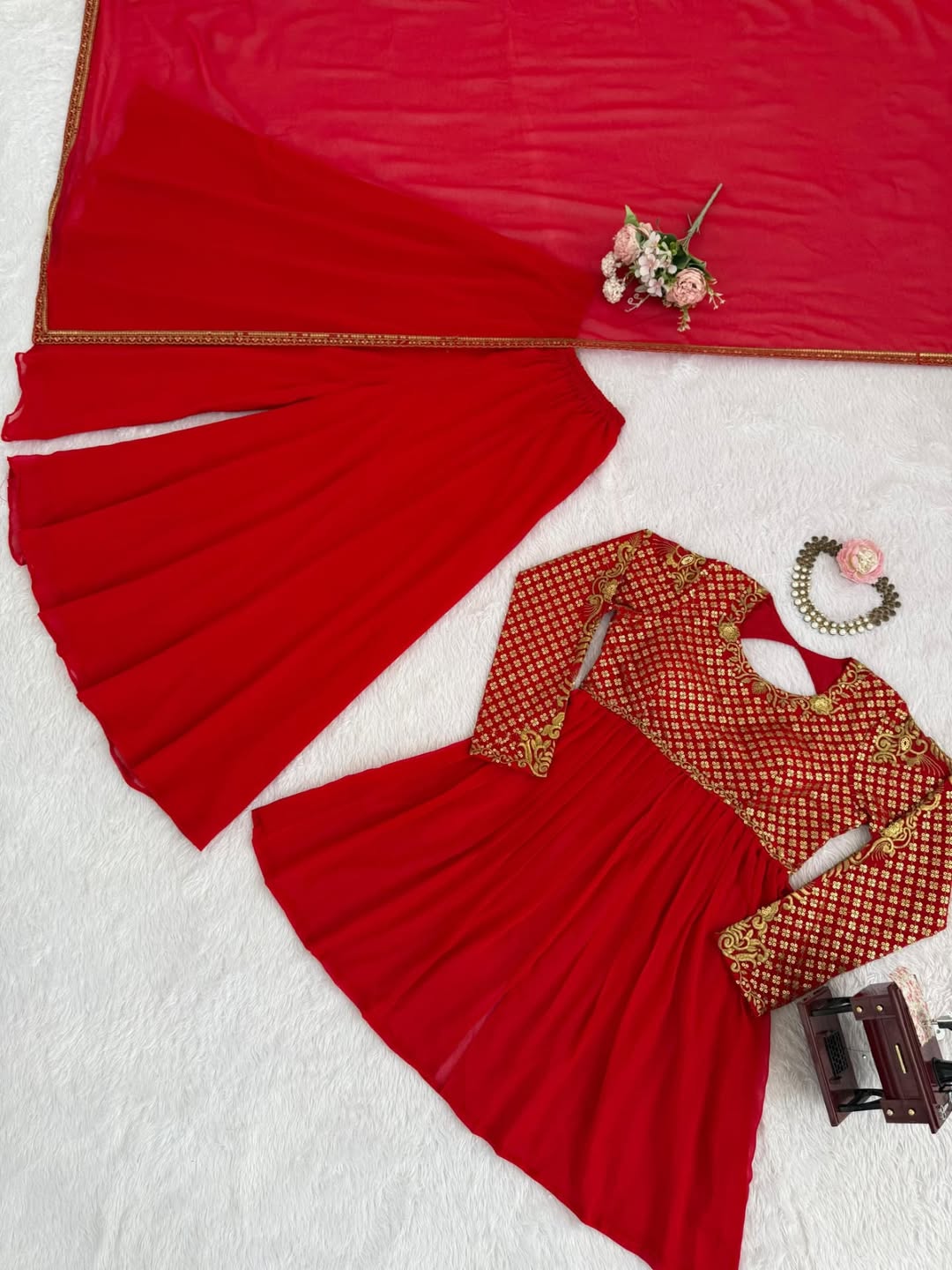 Red Georgette Anarkali Gown with Embroidered Bodice & Dupatta – Festive & Wedding Wear