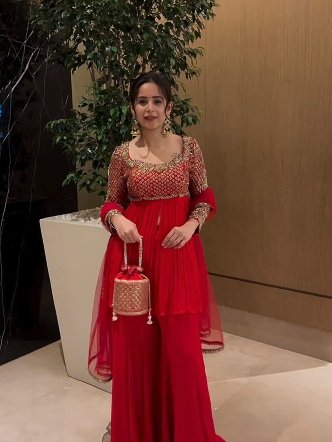 Red Georgette Anarkali Gown with Embroidered Bodice & Dupatta – Festive & Wedding Wear