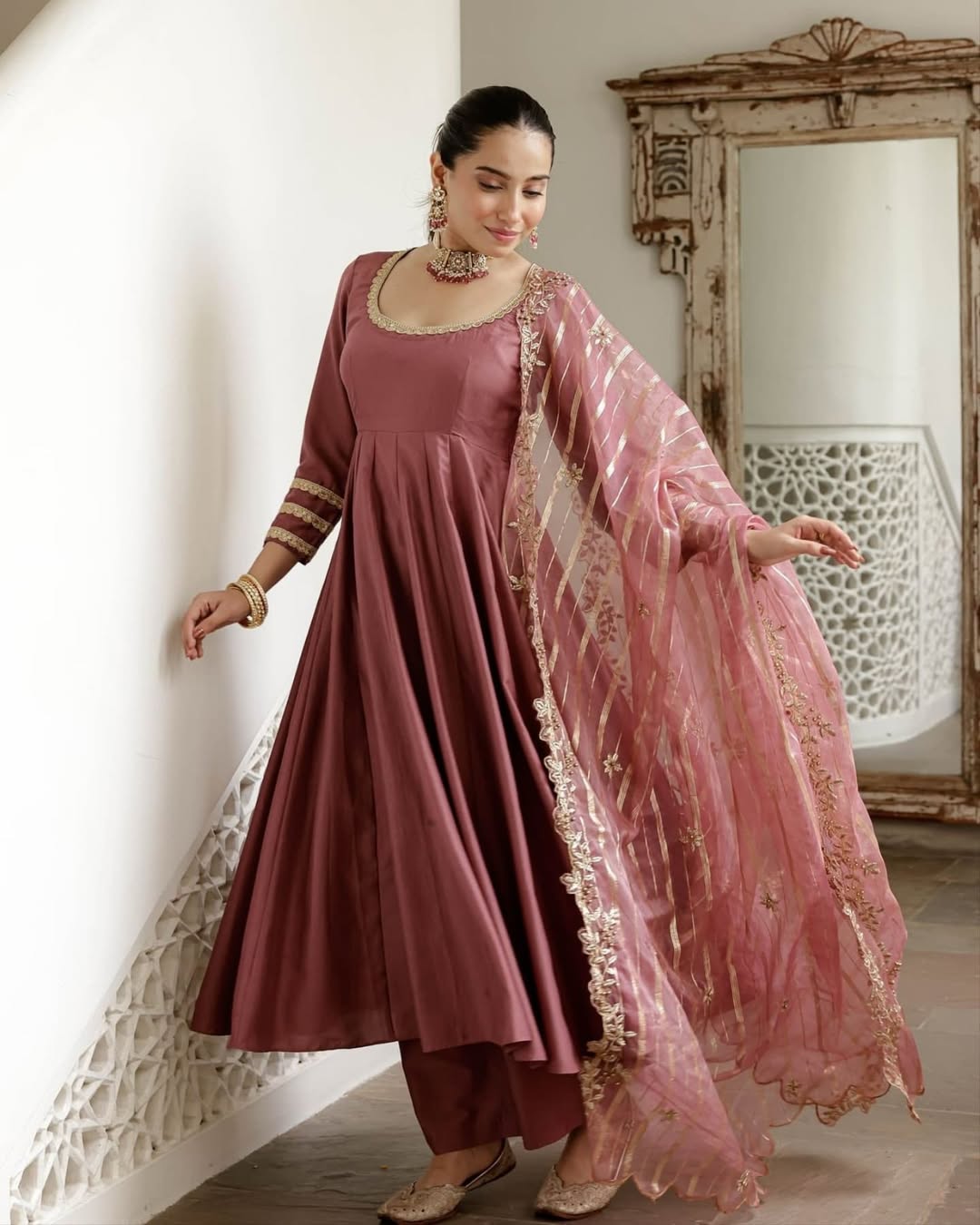 Maroon Anarkali Suit with Colorful Embroidered Dupatta