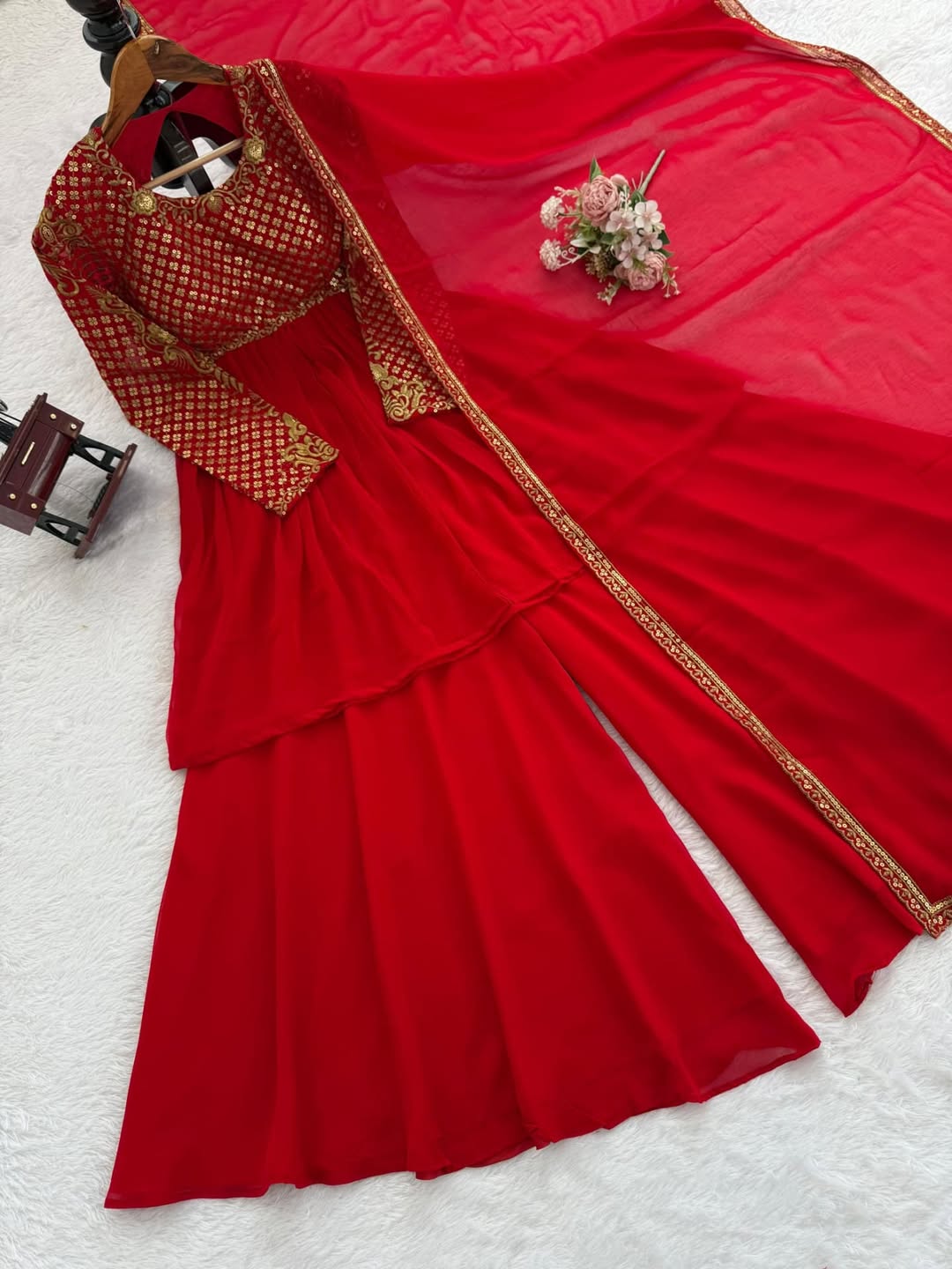 Red Georgette Anarkali Gown with Embroidered Bodice & Dupatta – Festive & Wedding Wear