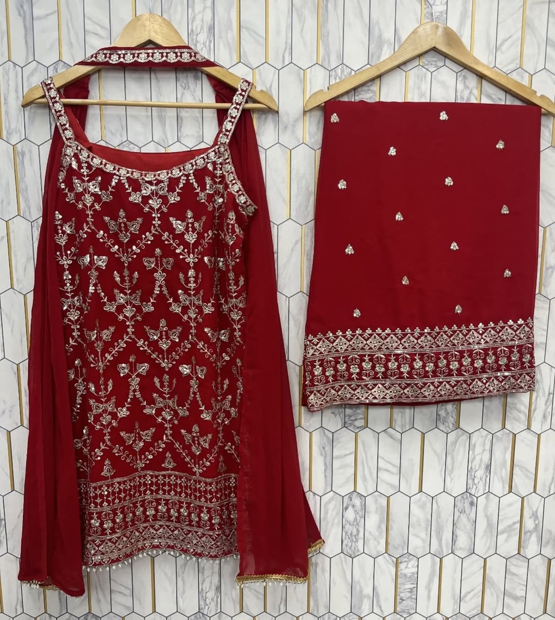 Red Georgette Anarkali Gown with Embroidered Bodice & Dupatta – Festive & Wedding Wear