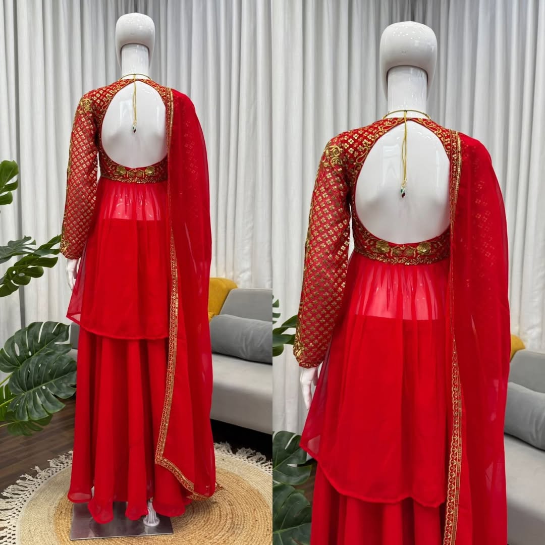 Red Georgette Anarkali Gown with Embroidered Bodice & Dupatta – Festive & Wedding Wear