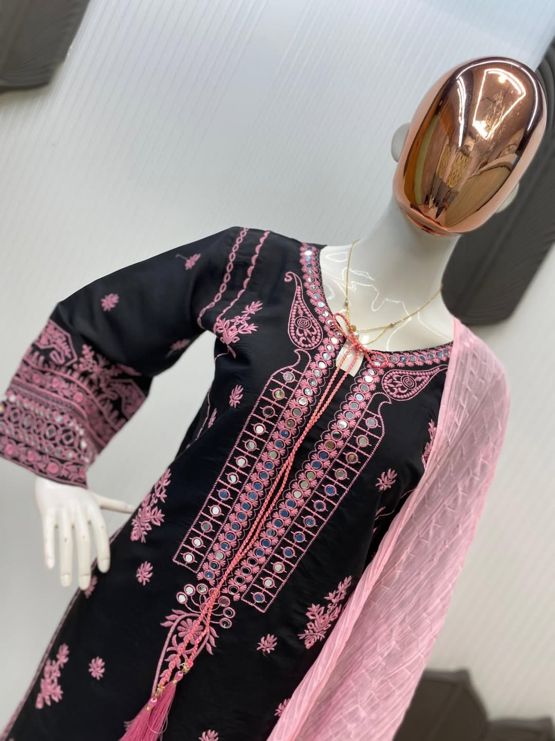Black & Pink Embroidered Cotton Suit Set with Dupatta – Elegant Ethnic Wear