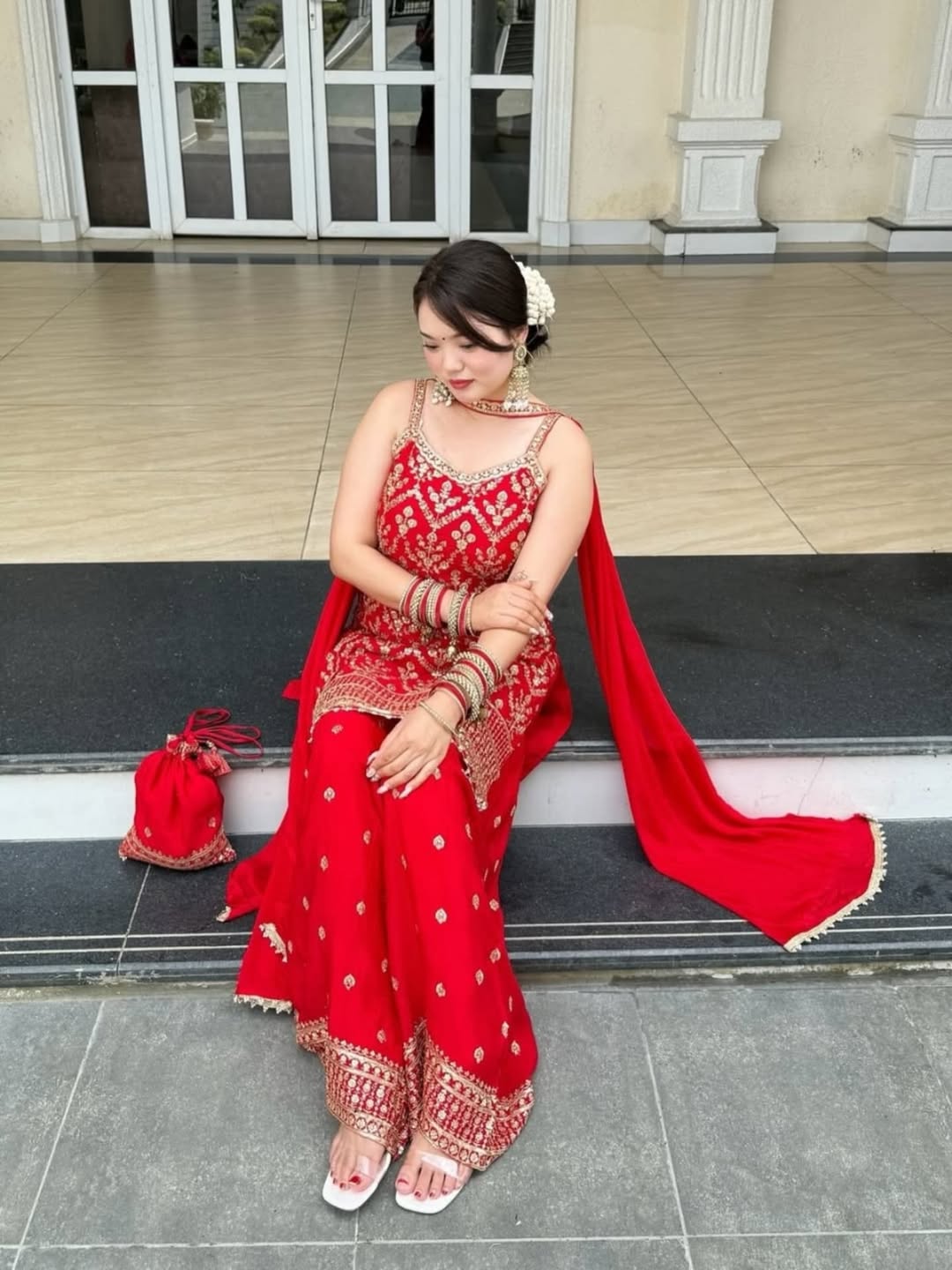 Red Georgette Anarkali Gown with Embroidered Bodice & Dupatta – Festive & Wedding Wear