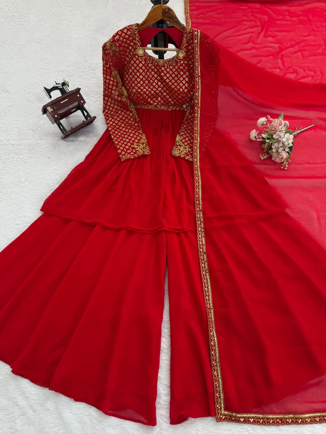 Red Georgette Anarkali Gown with Embroidered Bodice & Dupatta – Festive & Wedding Wear