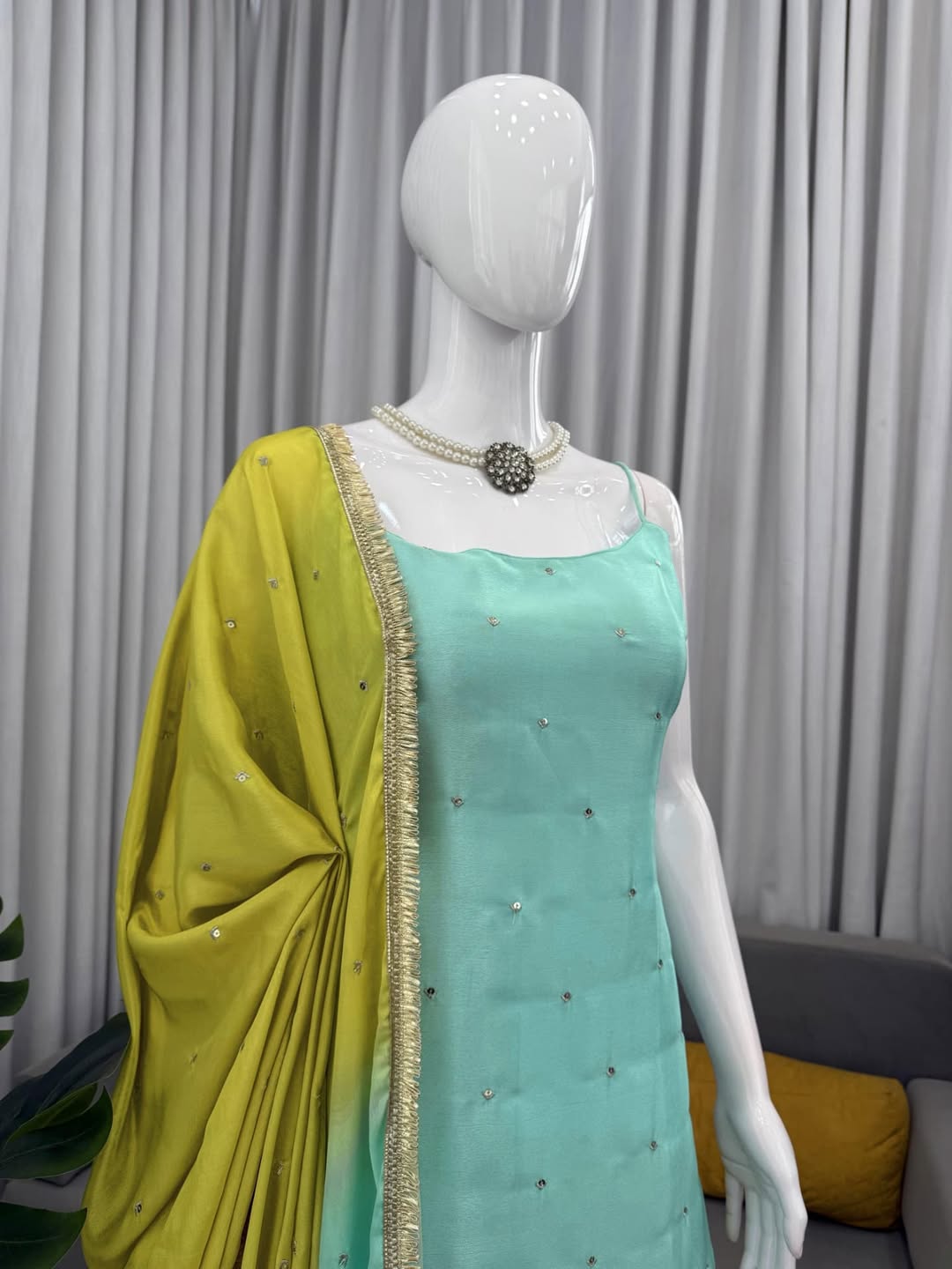 Sea Green & Lime Yellow Sharara Set with Minimal Embellishments – Festive & Party Wear