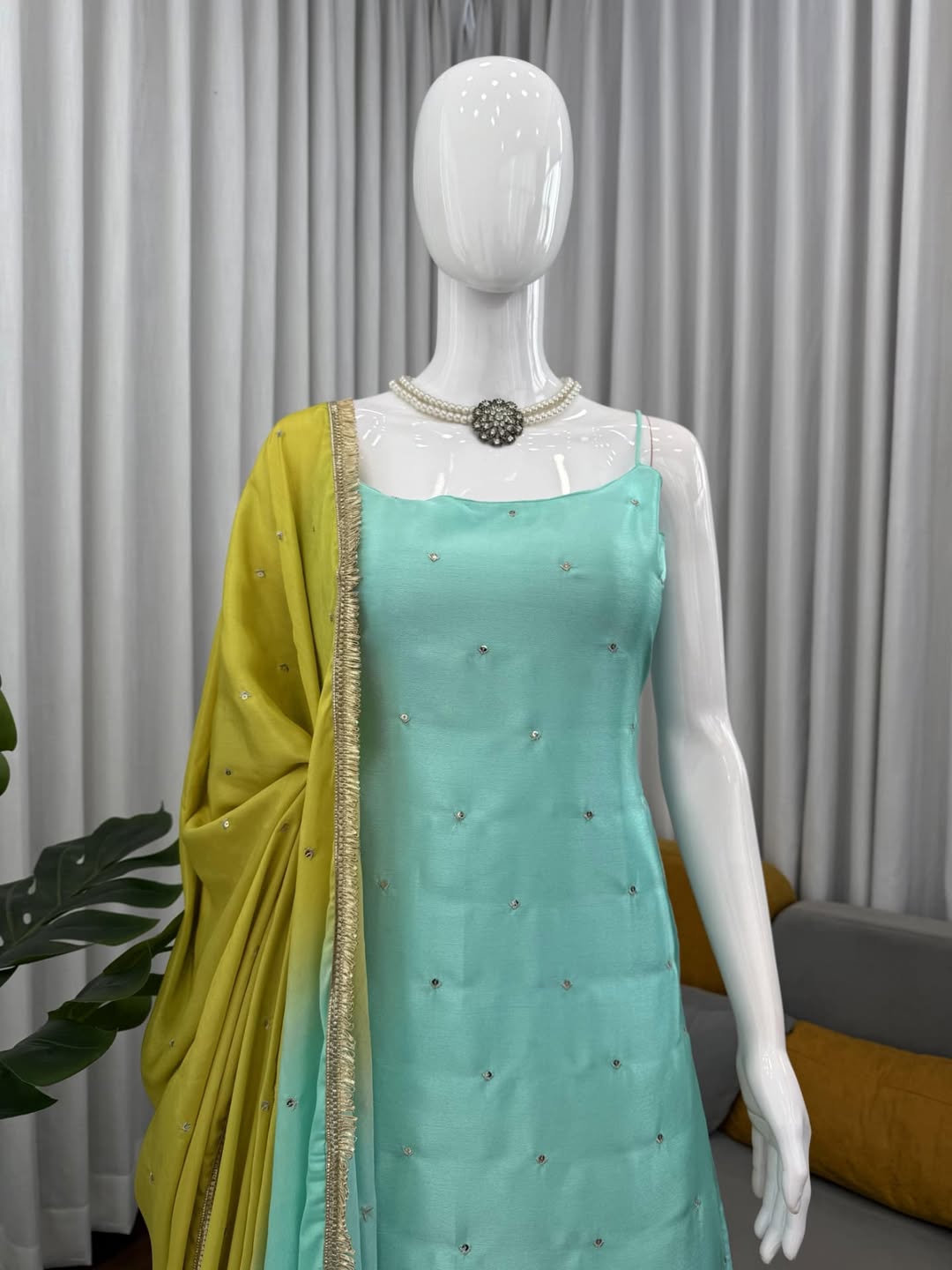 Sea Green & Lime Yellow Sharara Set with Minimal Embellishments – Festive & Party Wear