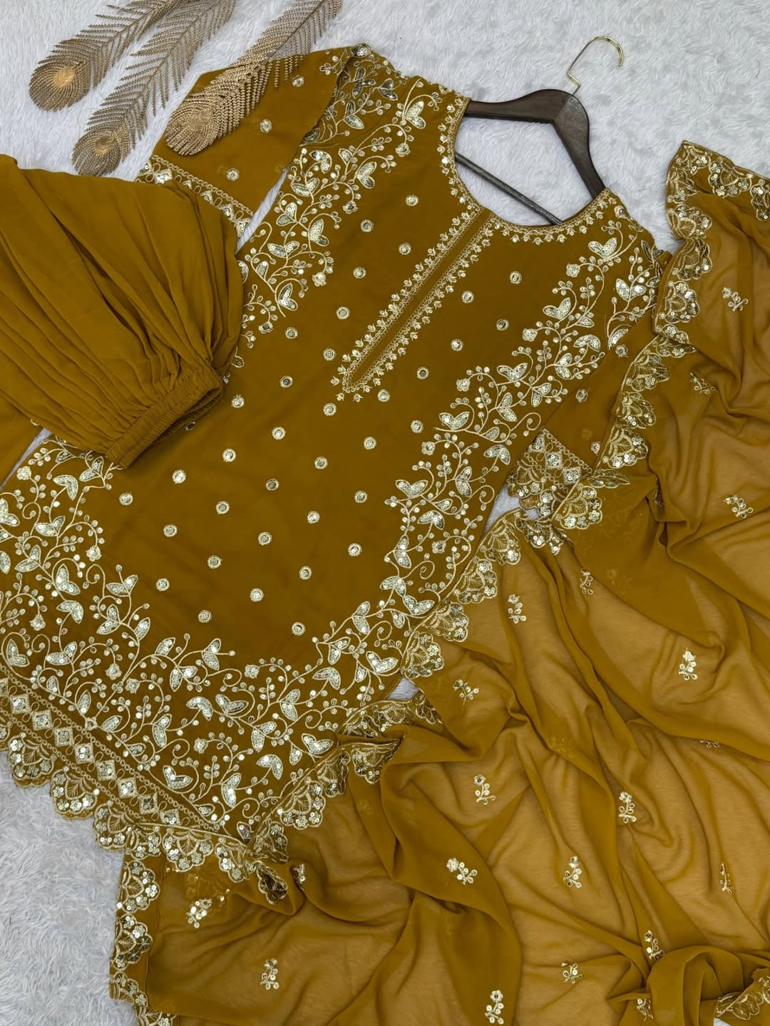 Mustard Yellow Georgette Suit with Intricate Thread & Mirror Work Embroidery – Festive & Party Wear