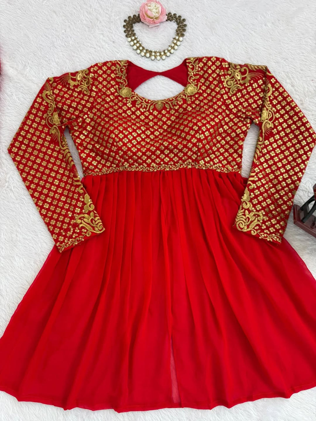 Red Georgette Anarkali Gown with Embroidered Bodice & Dupatta – Festive & Wedding Wear