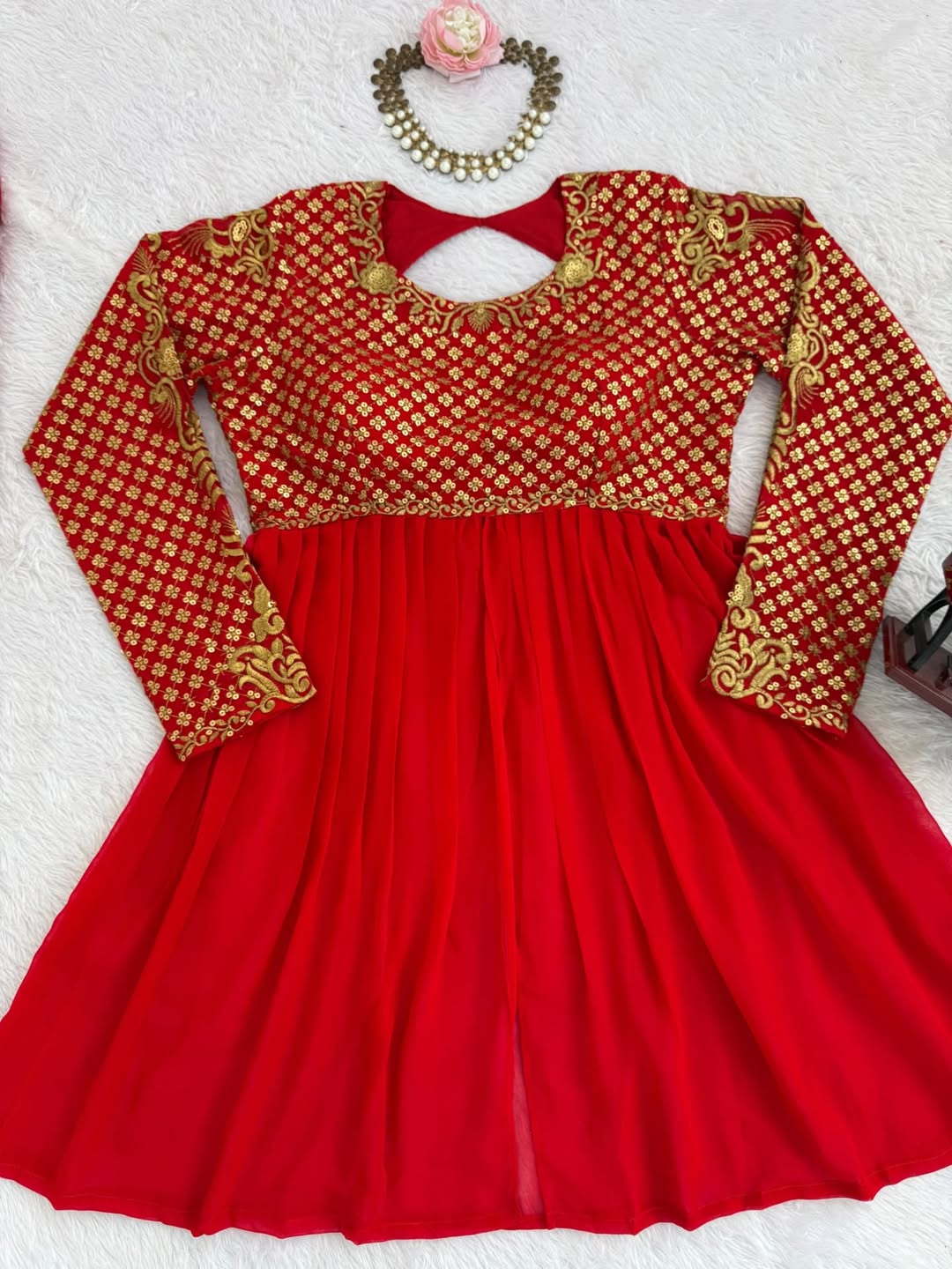 Red Georgette Anarkali Gown with Embroidered Bodice & Dupatta – Festive & Wedding Wear