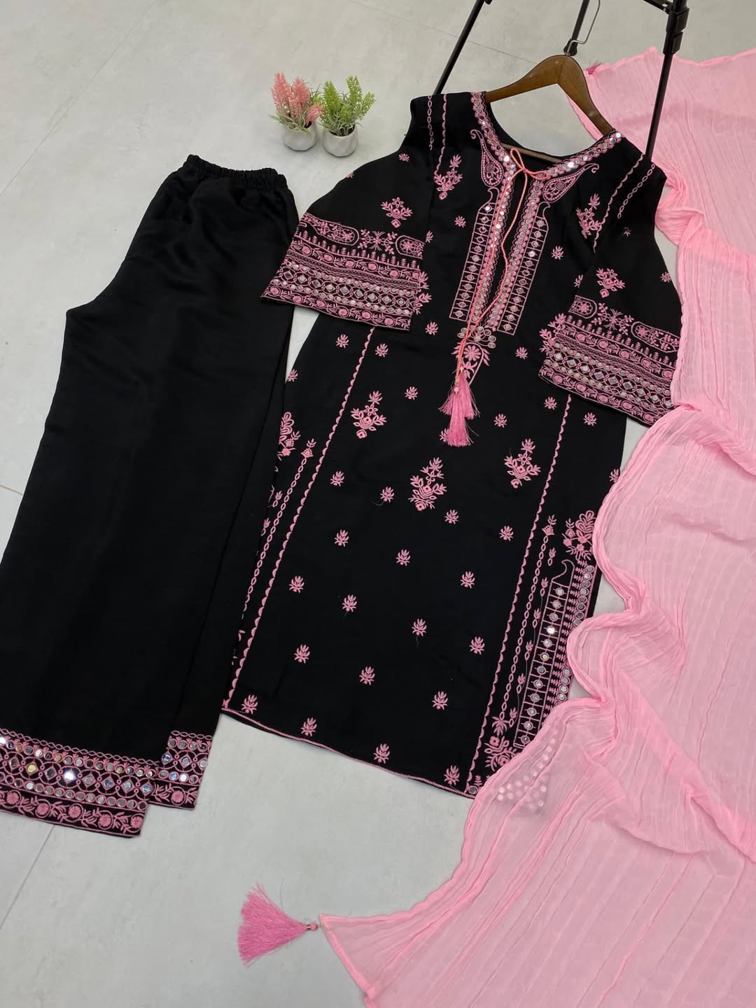 Black & Pink Embroidered Cotton Suit Set with Dupatta – Elegant Ethnic Wear