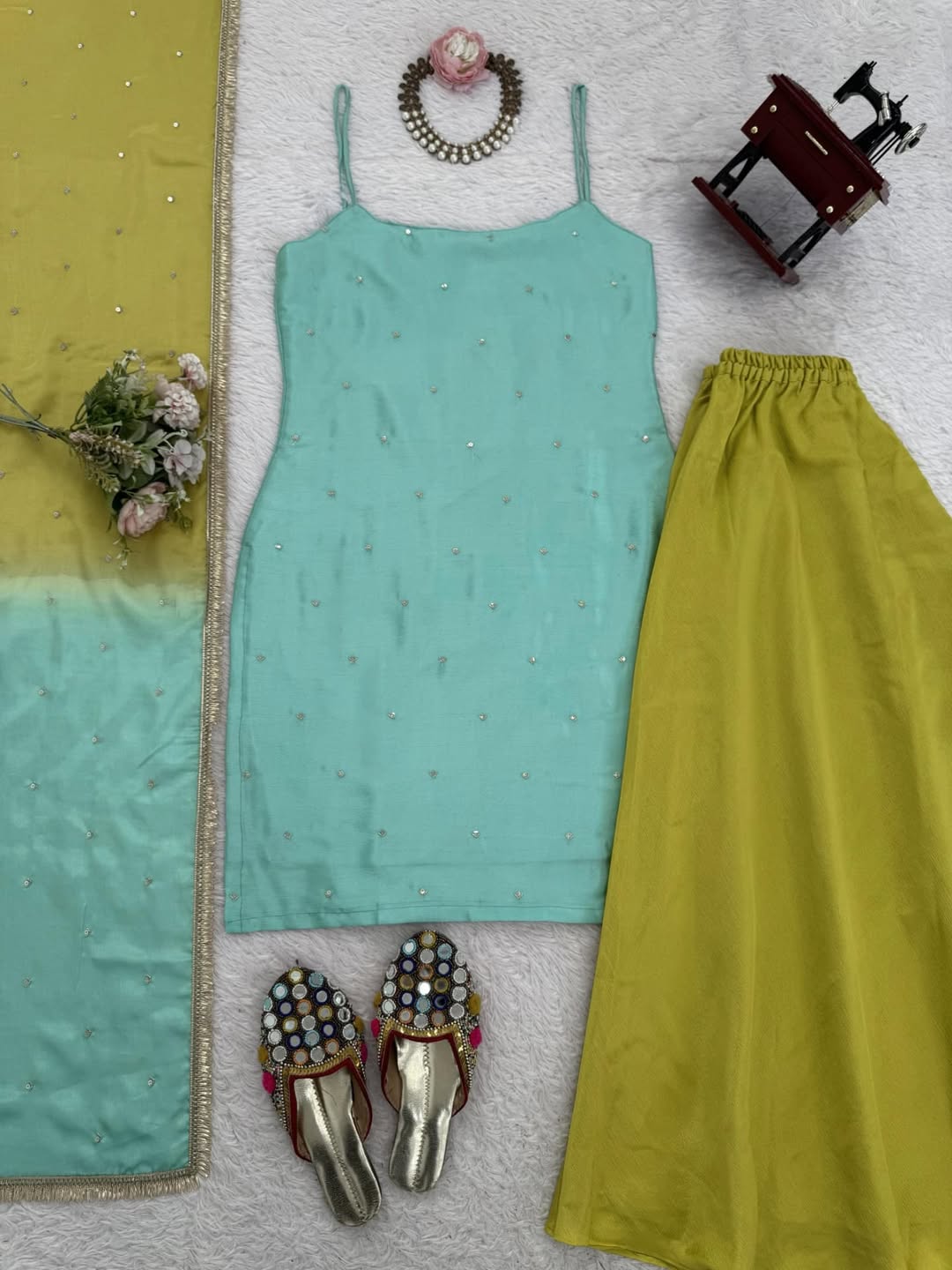 Sea Green & Lime Yellow Sharara Set with Minimal Embellishments – Festive & Party Wear
