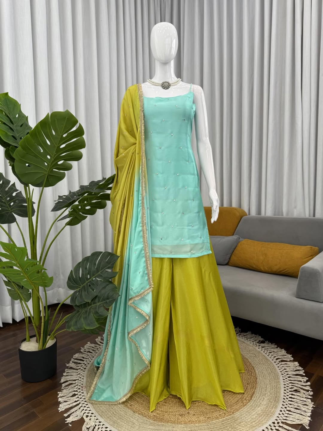 Sea Green & Lime Yellow Sharara Set with Minimal Embellishments – Festive & Party Wear
