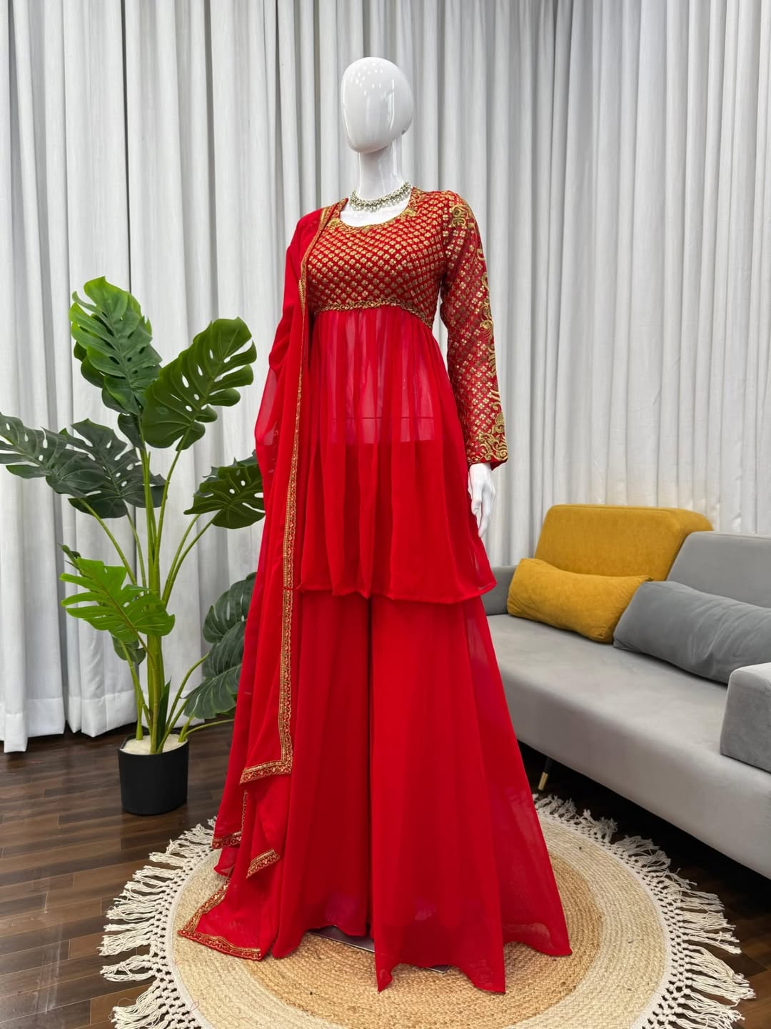 Red Georgette Anarkali Gown with Embroidered Bodice & Dupatta – Festive & Wedding Wear