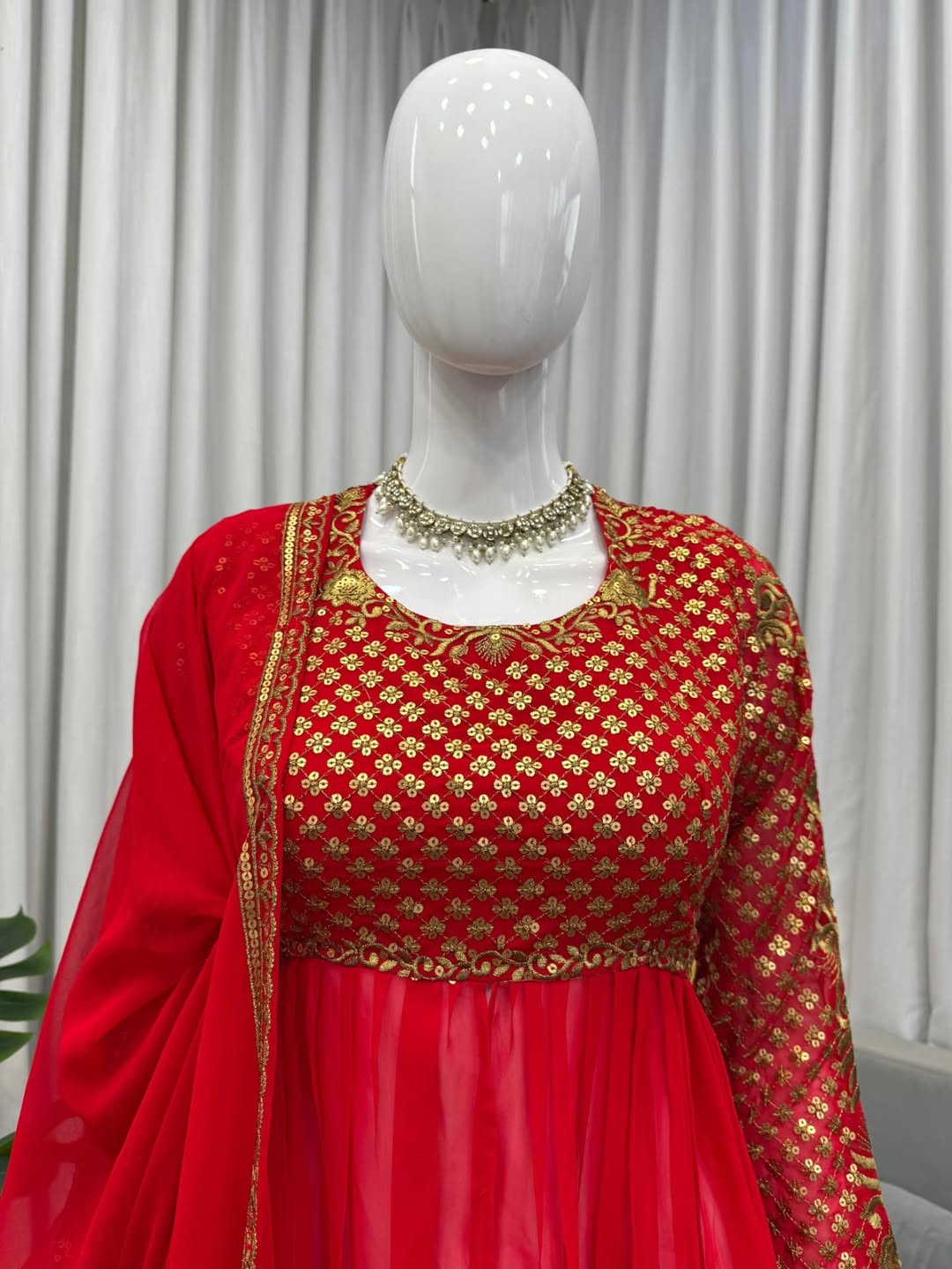 Red Georgette Anarkali Gown with Embroidered Bodice & Dupatta – Festive & Wedding Wear