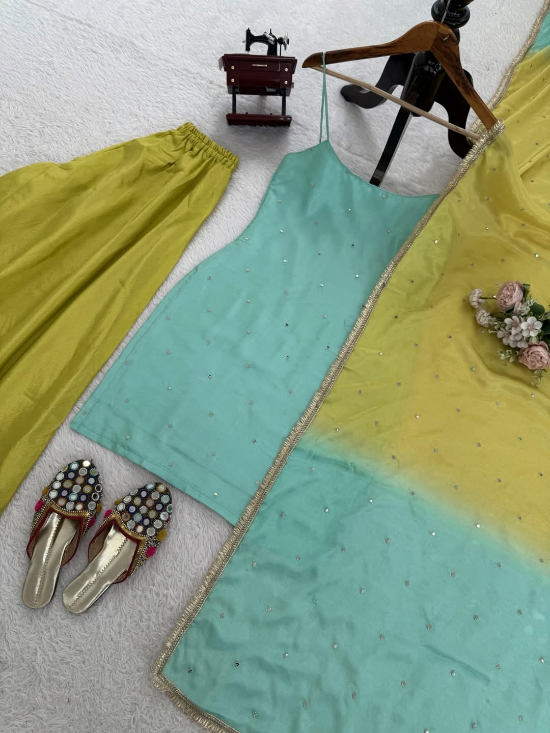 Sea Green & Lime Yellow Sharara Set with Minimal Embellishments – Festive & Party Wear