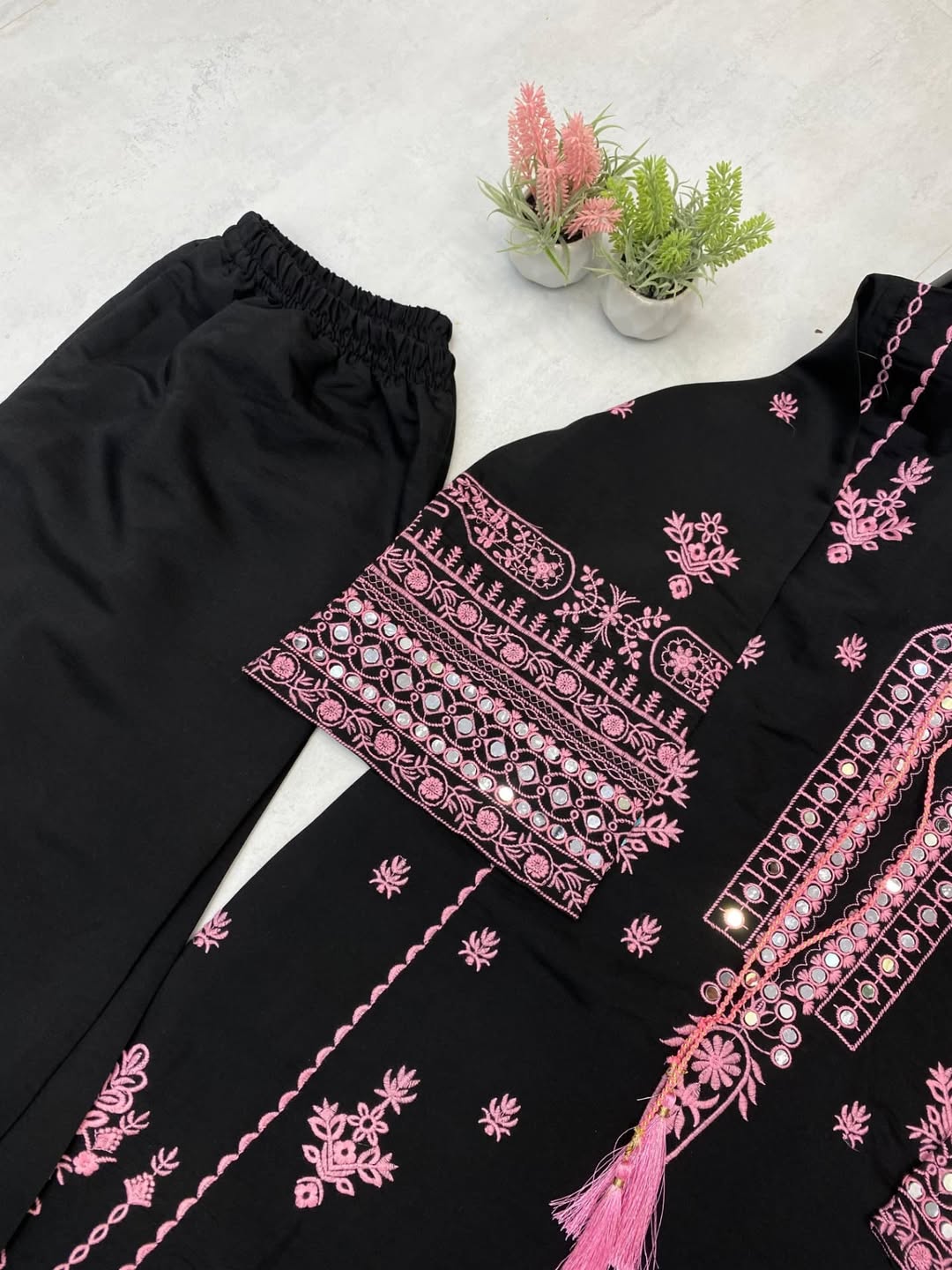 Black & Pink Embroidered Cotton Suit Set with Dupatta – Elegant Ethnic Wear