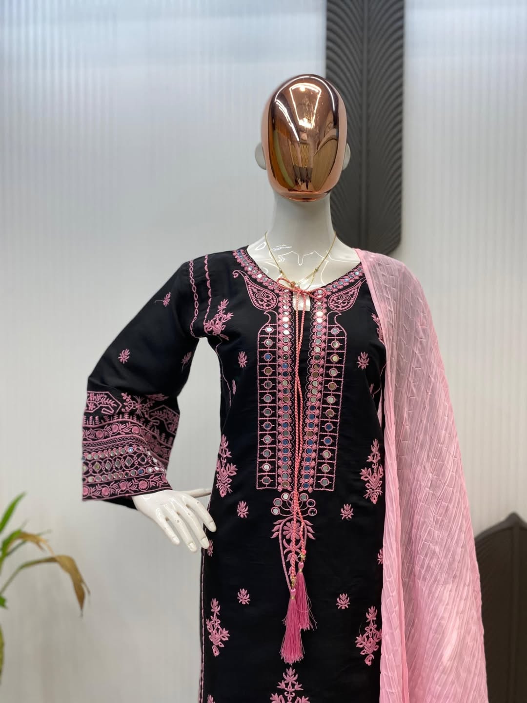 Black & Pink Embroidered Cotton Suit Set with Dupatta – Elegant Ethnic Wear