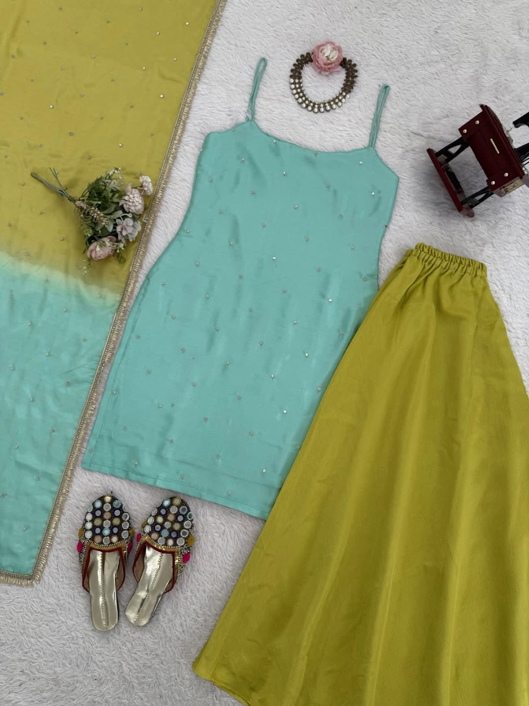 Sea Green & Lime Yellow Sharara Set with Minimal Embellishments – Festive & Party Wear