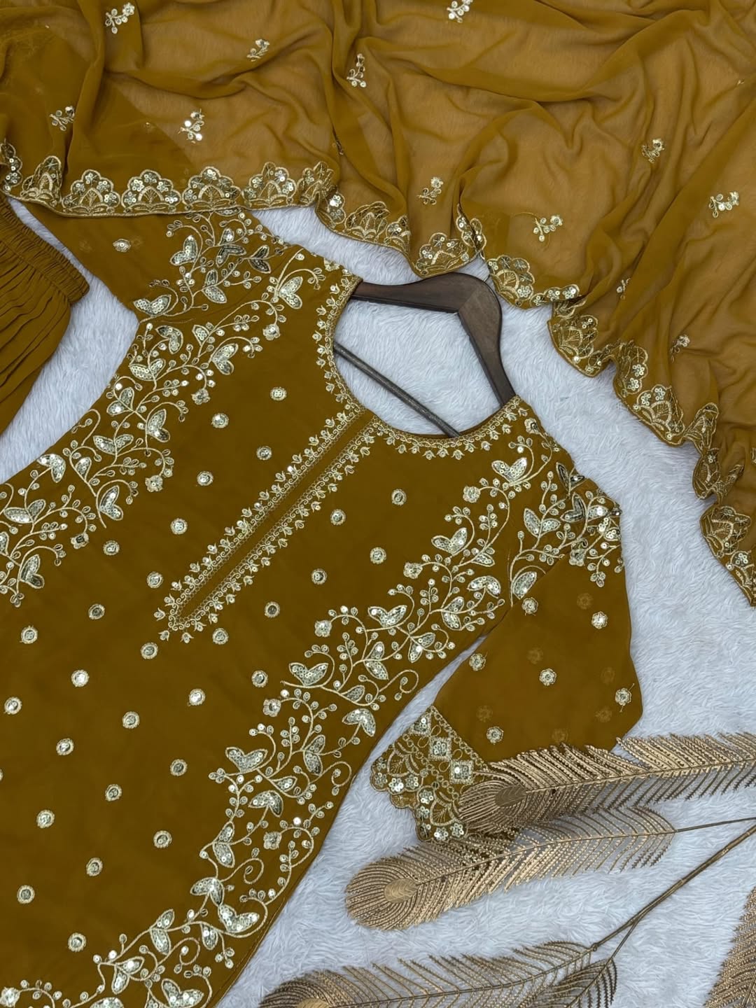 Mustard Yellow Georgette Suit with Intricate Thread & Mirror Work Embroidery – Festive & Party Wear