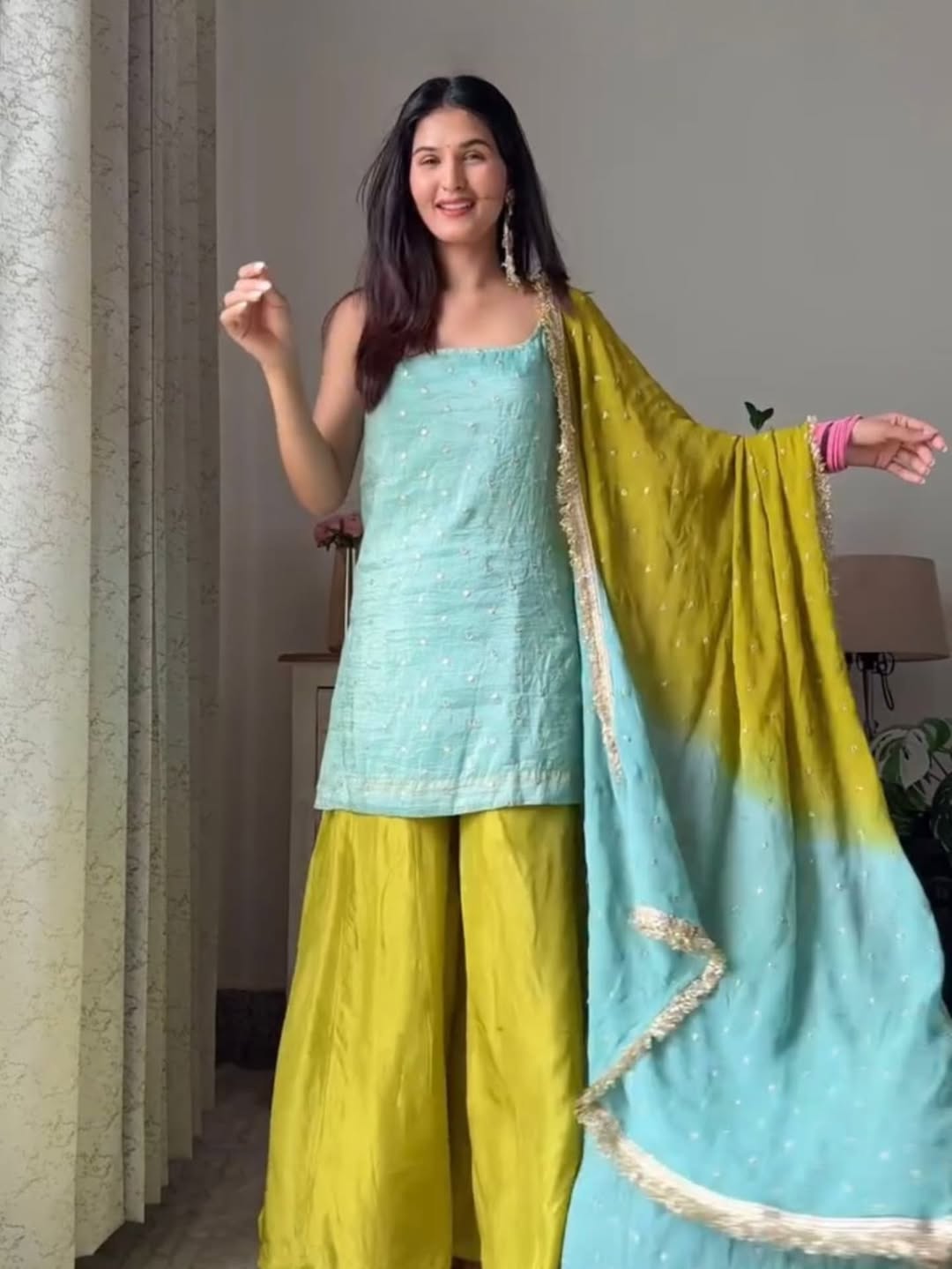 Sea Green & Lime Yellow Sharara Set with Minimal Embellishments – Festive & Party Wear