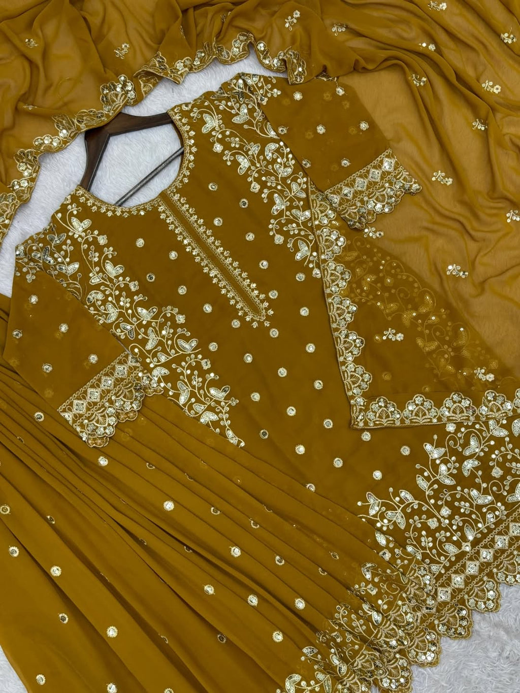 Mustard Yellow Georgette Suit with Intricate Thread & Mirror Work Embroidery – Festive & Party Wear