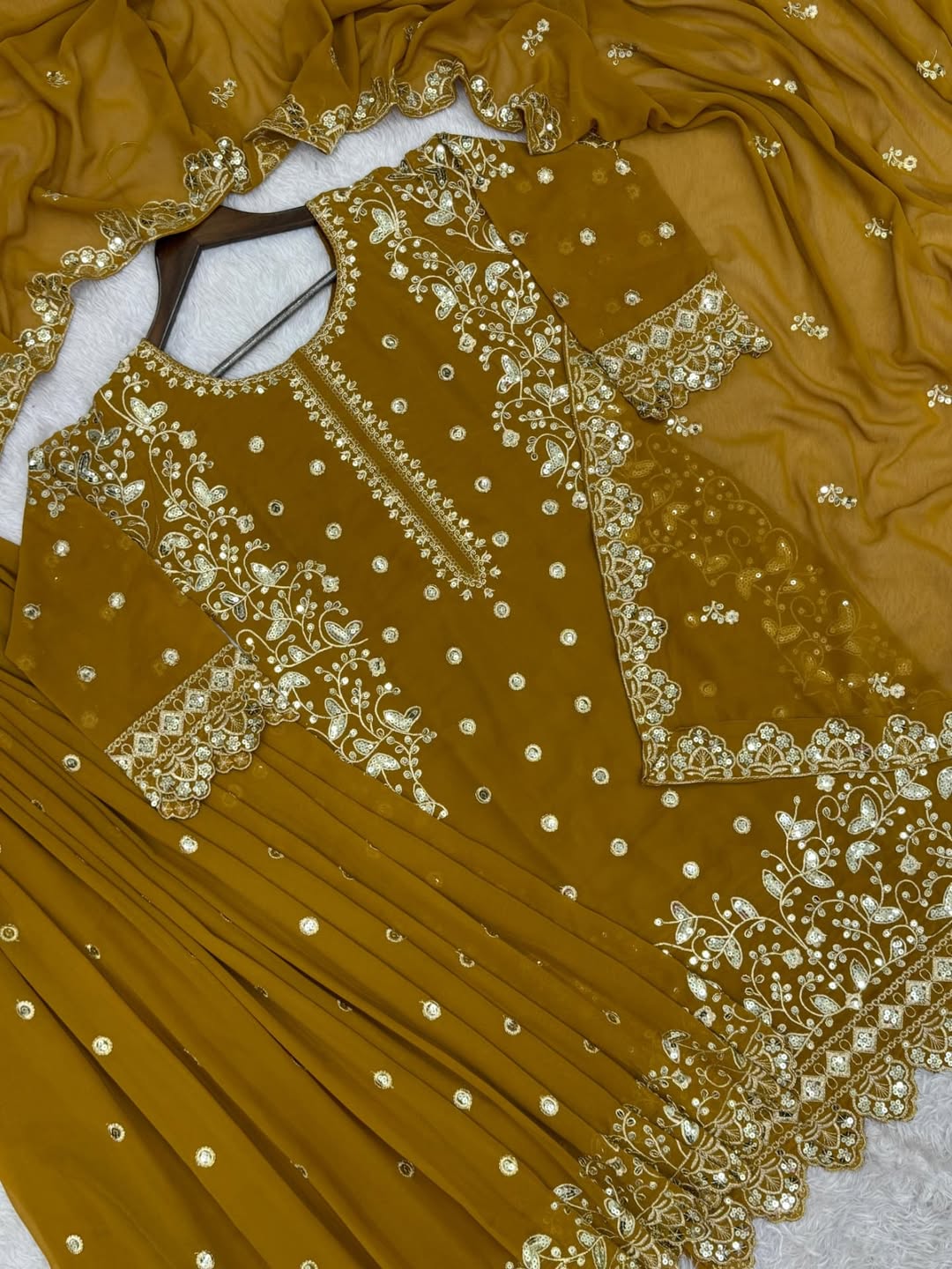 Mustard Yellow Georgette Suit with Intricate Thread & Mirror Work Embroidery – Festive & Party Wear