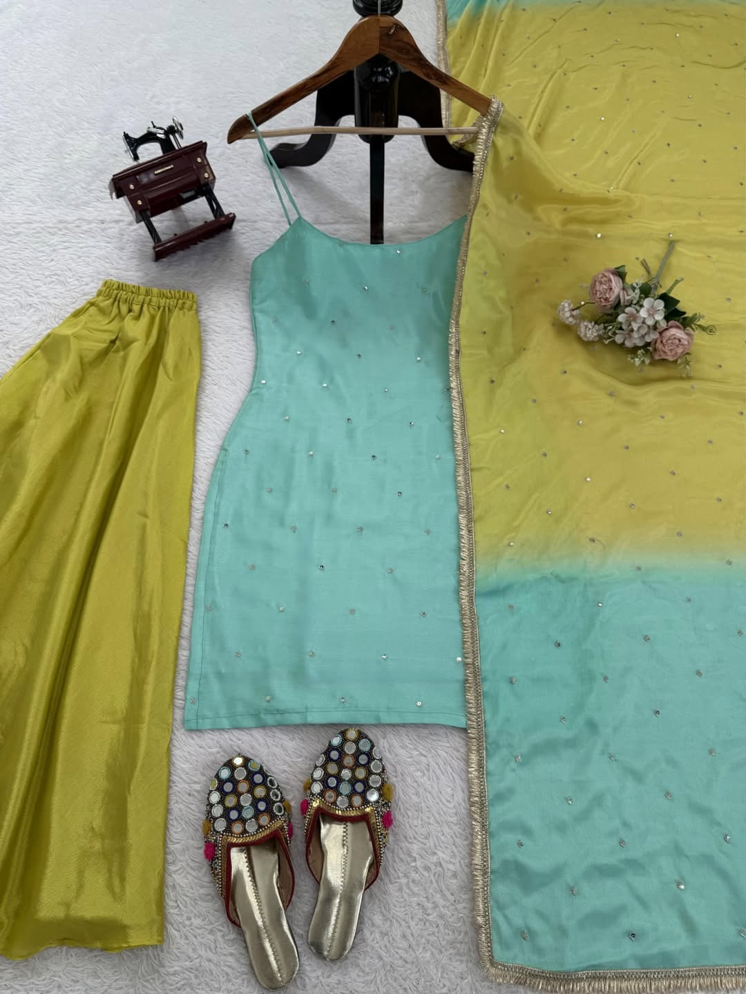 Sea Green & Lime Yellow Sharara Set with Minimal Embellishments – Festive & Party Wear