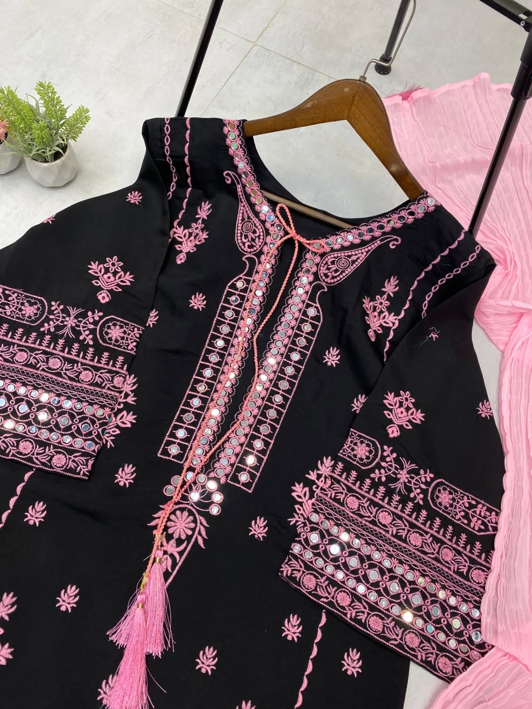 Black & Pink Embroidered Cotton Suit Set with Dupatta – Elegant Ethnic Wear