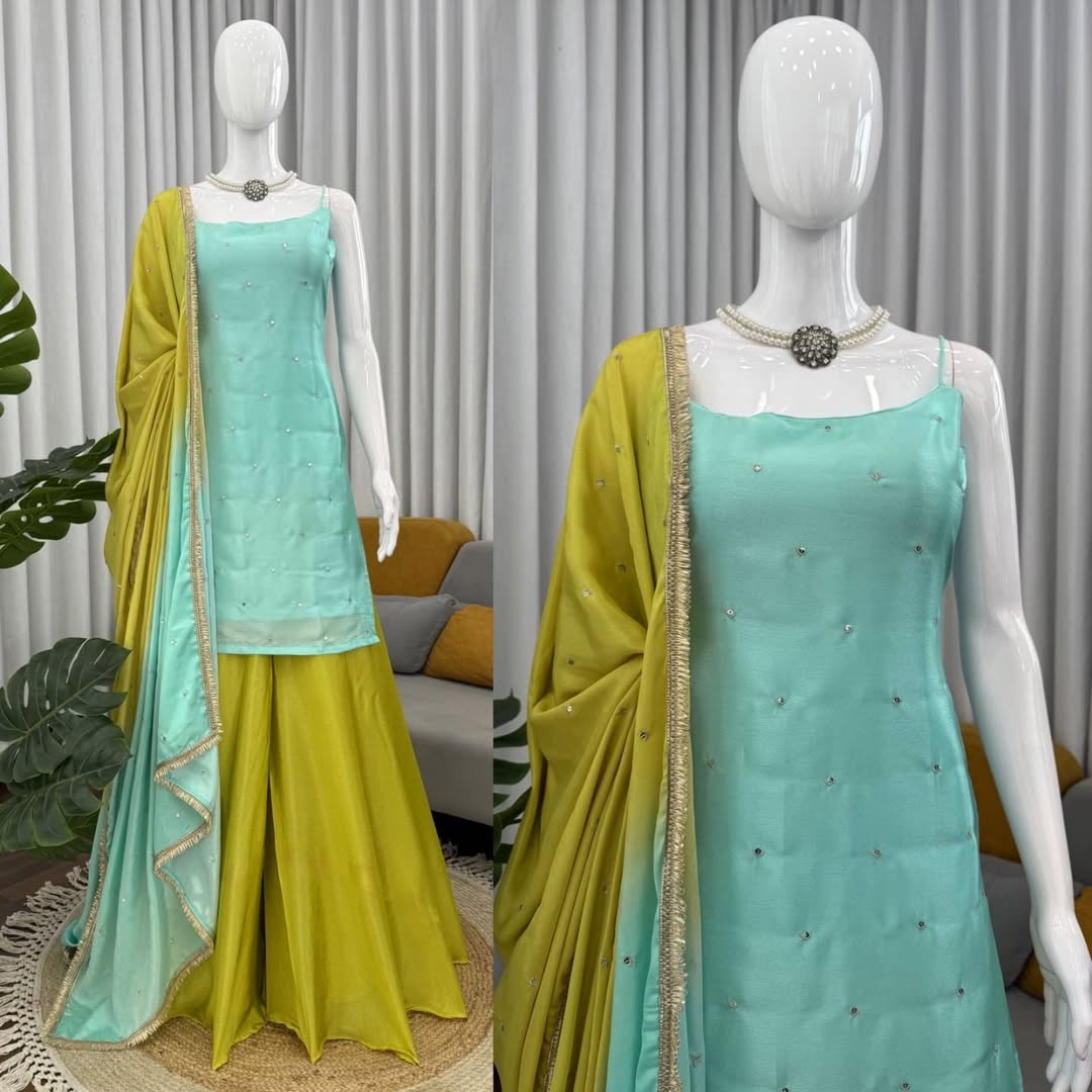 Sea Green & Lime Yellow Sharara Set with Minimal Embellishments – Festive & Party Wear