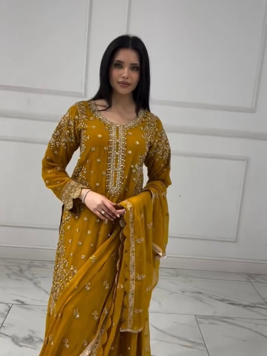 Mustard Yellow Georgette Suit with Intricate Thread & Mirror Work Embroidery – Festive & Party Wear