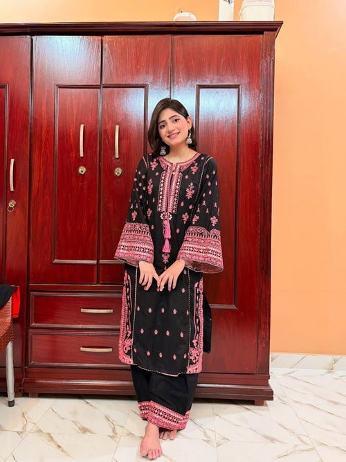 Black & Pink Embroidered Cotton Suit Set with Dupatta – Elegant Ethnic Wear