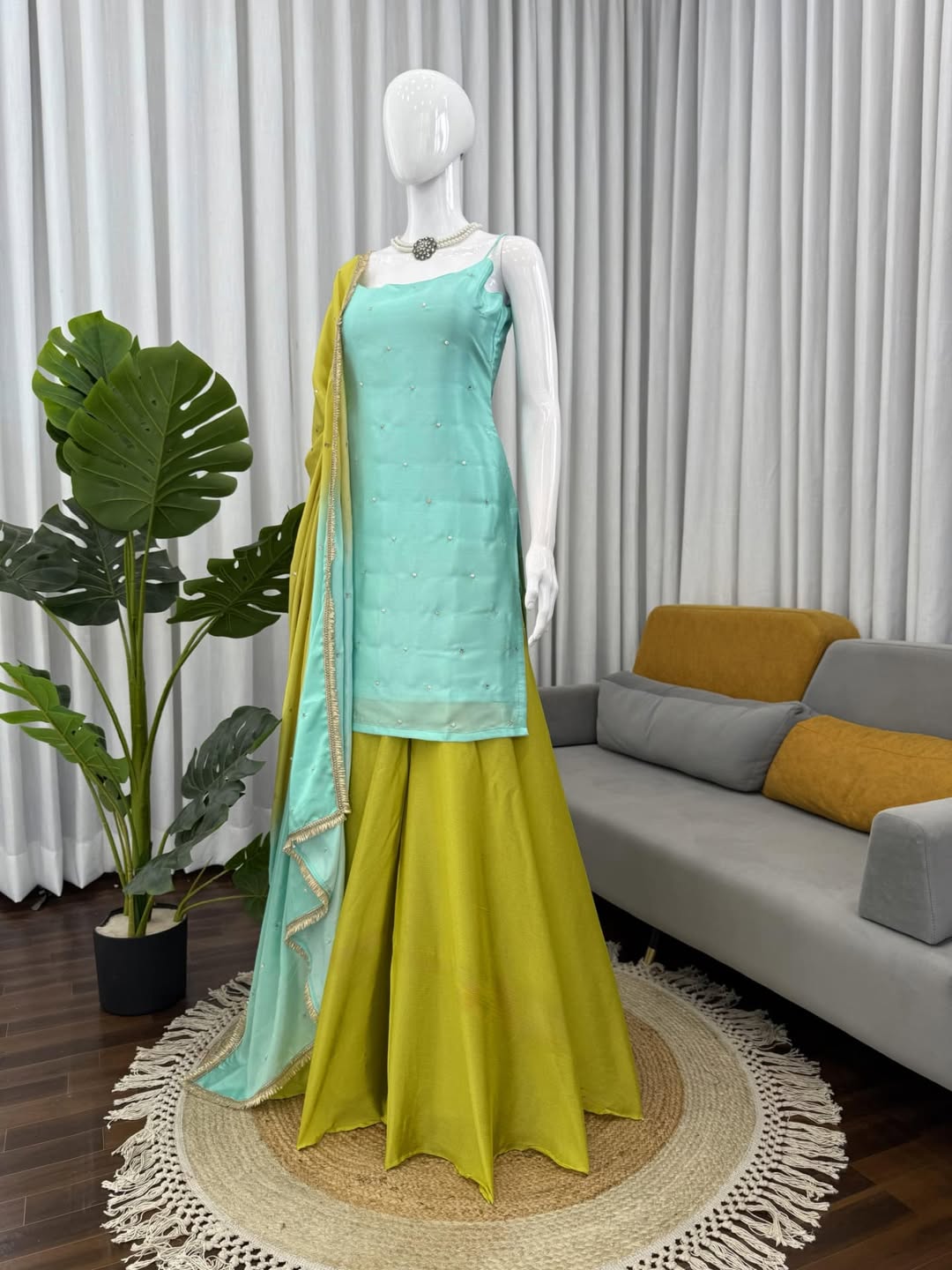 Sea Green & Lime Yellow Sharara Set with Minimal Embellishments – Festive & Party Wear