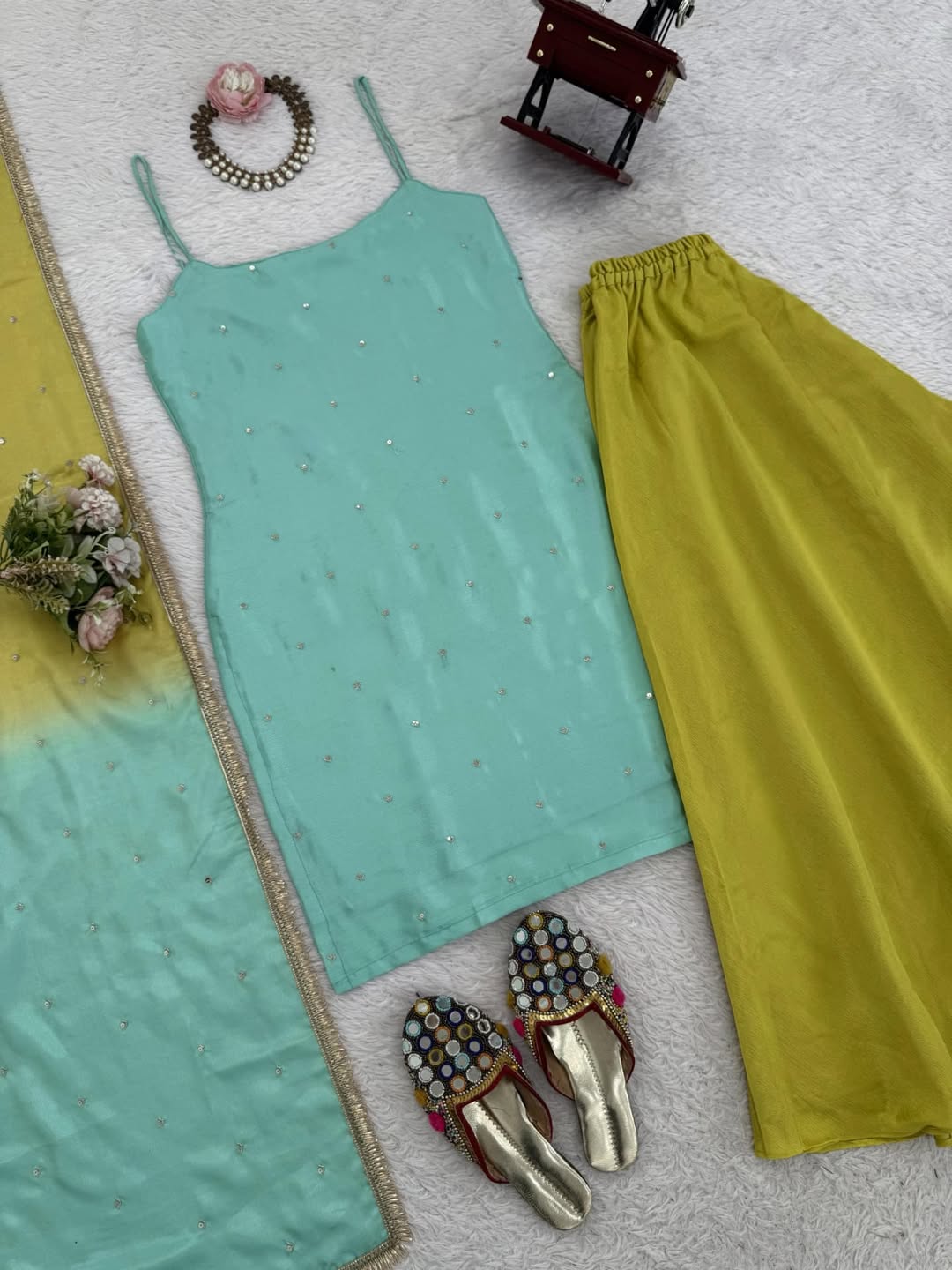Sea Green & Lime Yellow Sharara Set with Minimal Embellishments – Festive & Party Wear