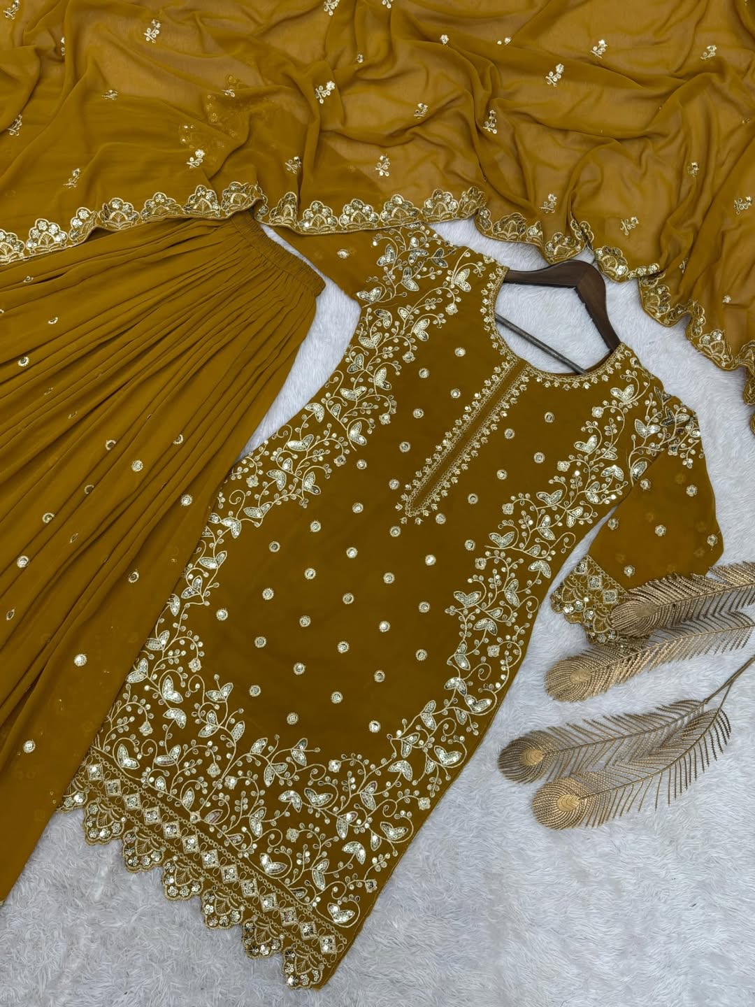 Mustard Yellow Georgette Suit with Intricate Thread & Mirror Work Embroidery – Festive & Party Wear