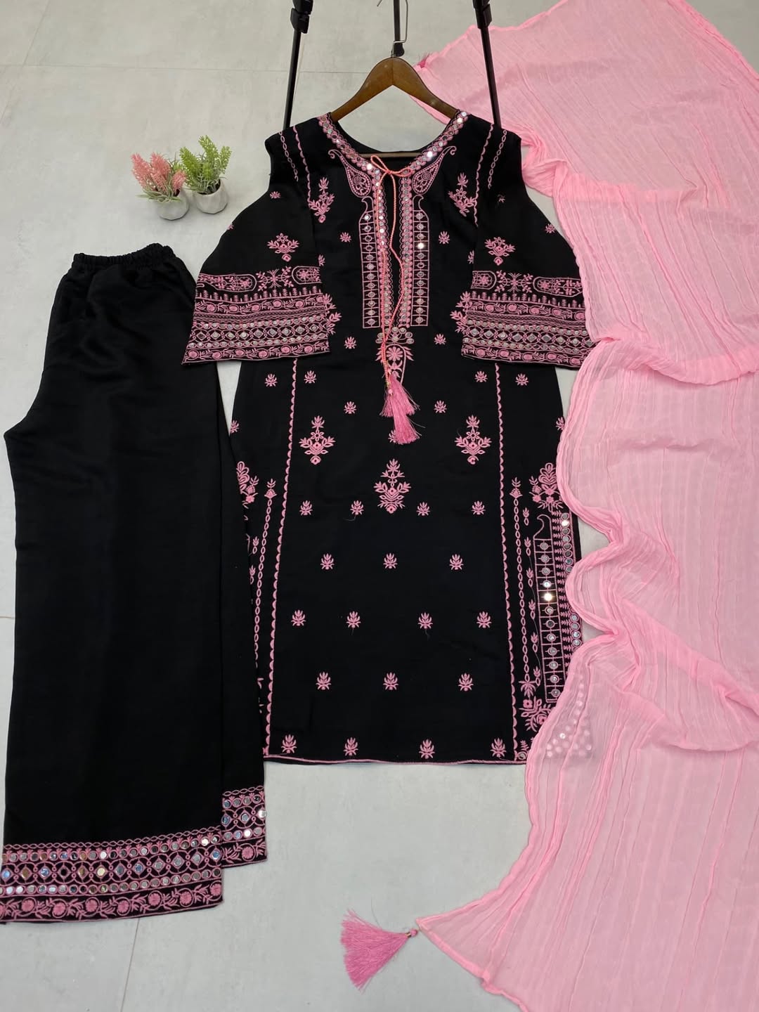 Black & Pink Embroidered Cotton Suit Set with Dupatta – Elegant Ethnic Wear