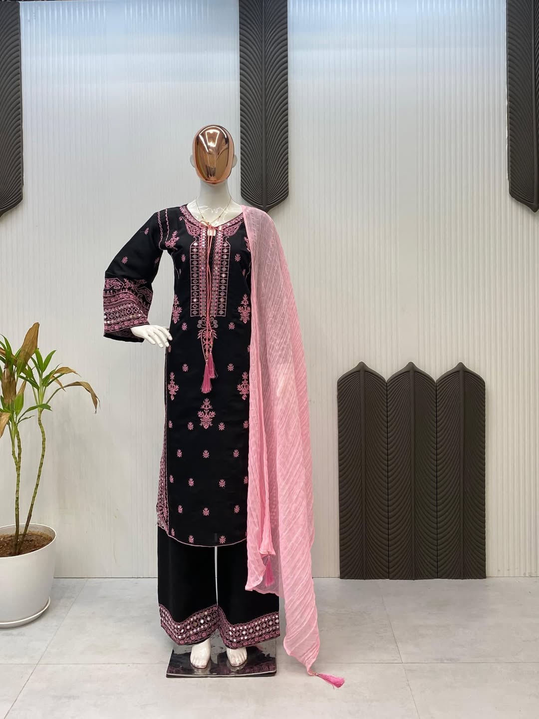 Black & Pink Embroidered Cotton Suit Set with Dupatta – Elegant Ethnic Wear