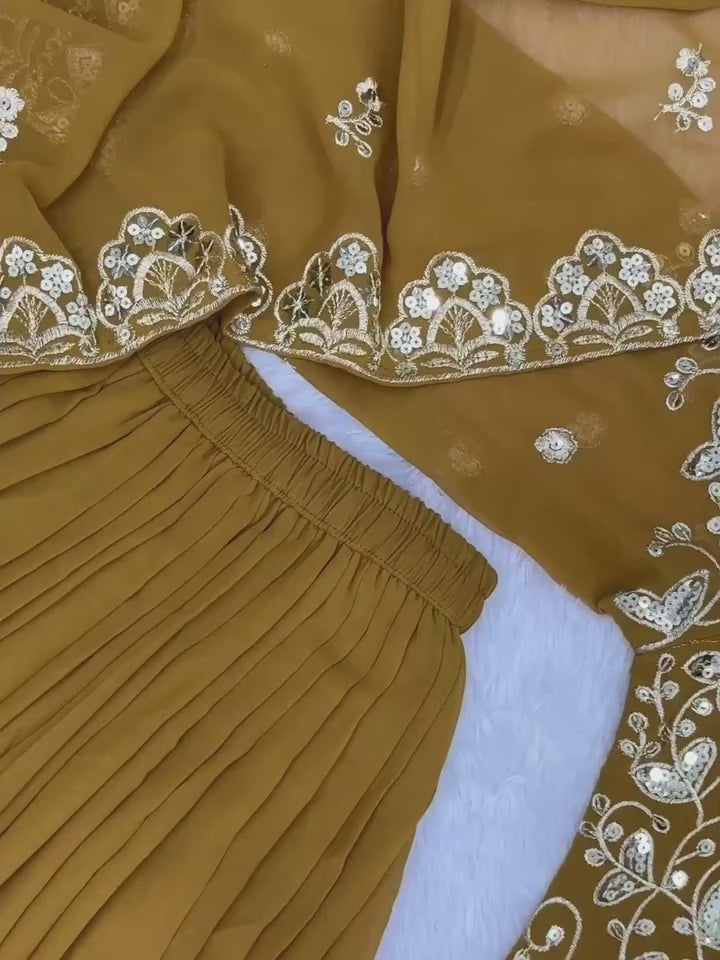 Mustard Yellow Georgette Suit with Intricate Thread & Mirror Work Embroidery – Festive & Party Wear