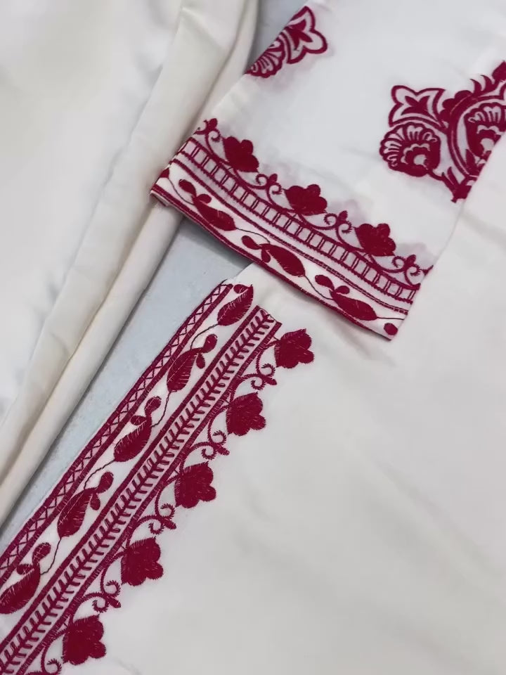 Elegant White & Red Embroidered Kurta Set with Dupatta