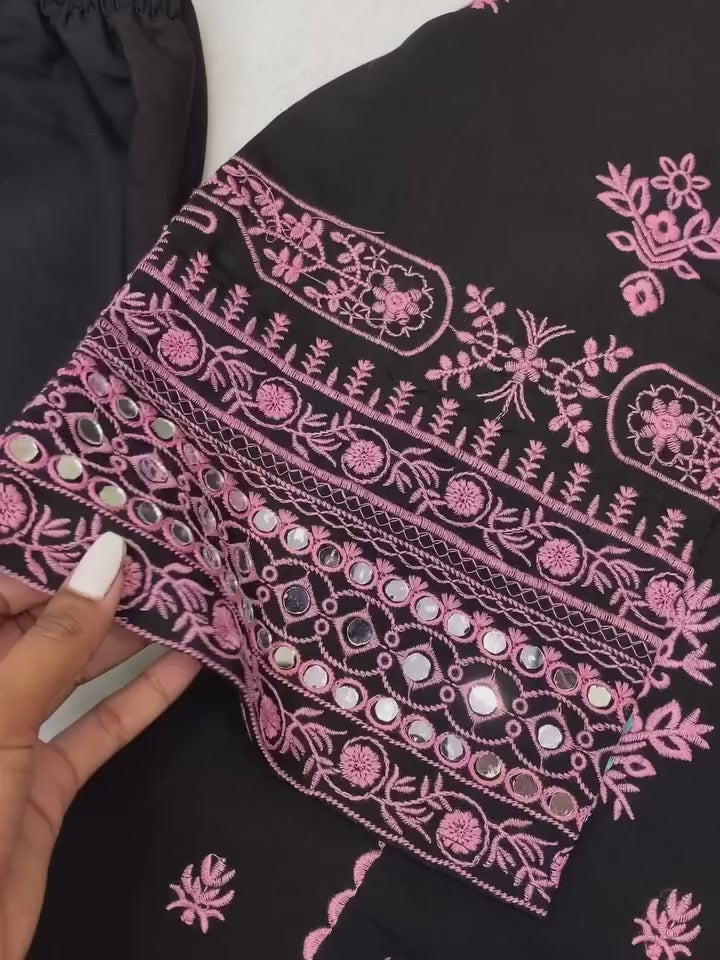 Black & Pink Embroidered Cotton Suit Set with Dupatta – Elegant Ethnic Wear