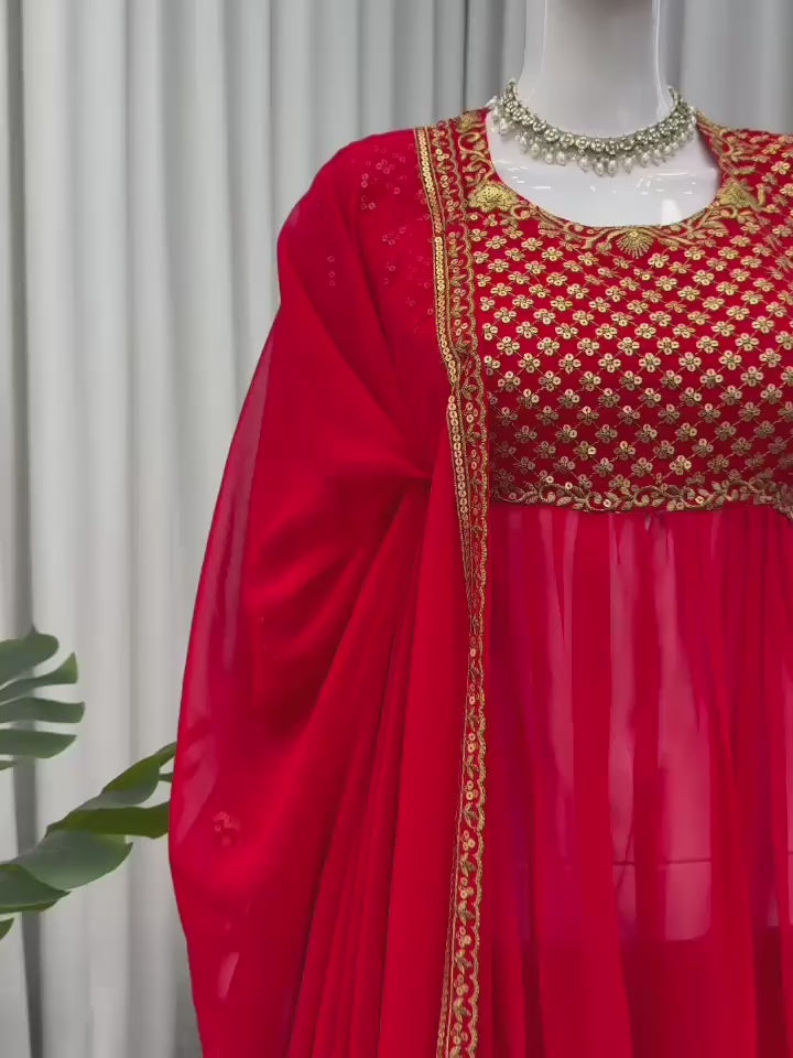 Red Georgette Anarkali Gown with Embroidered Bodice & Dupatta – Festive & Wedding Wear