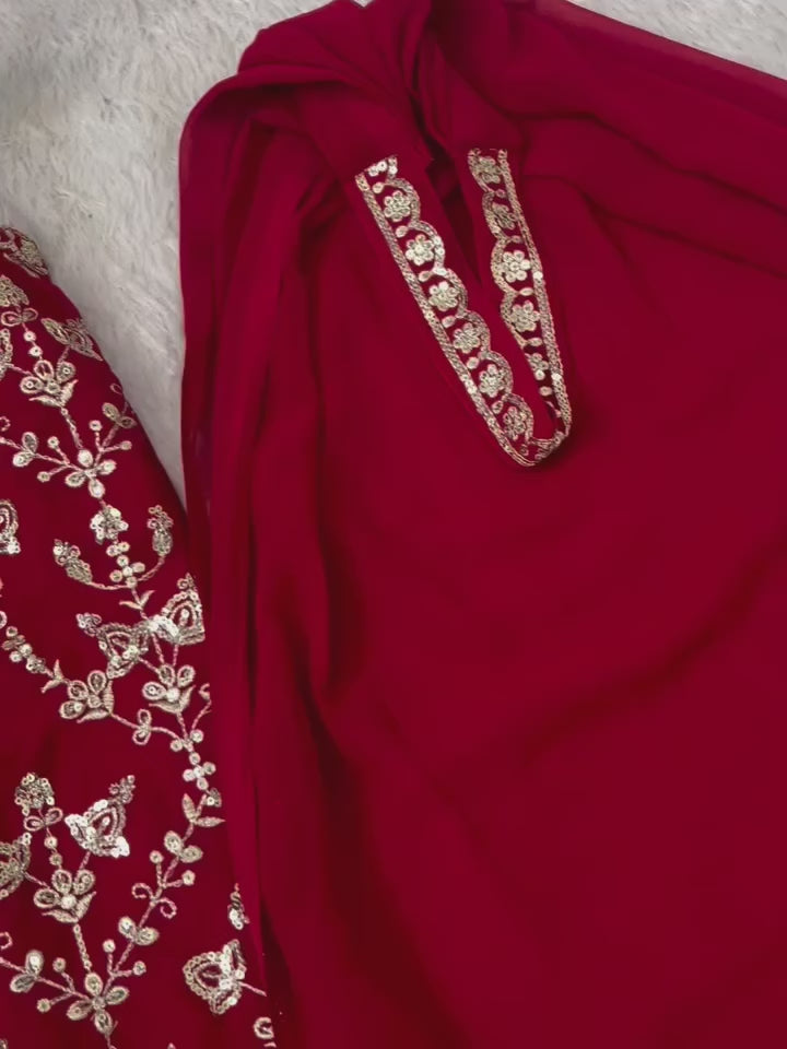 Red Georgette Anarkali Gown with Embroidered Bodice & Dupatta – Festive & Wedding Wear
